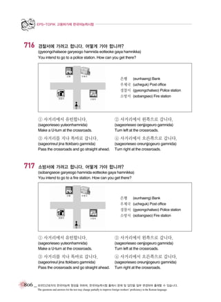 EPS-TOPIK 고용허가제 한국어능력시험

716

경찰서에 가려고 합니다. 어떻게 가야 합니까?
(gyeongchalseoe garyeogo hamnida eotteoke gaya hamnikka)
You intend to go to a police station. How can you get there?

은행
우체국
경찰서
소방서

(eunhaeng) Bank
(ucheguk) Post office
(gyeongchalseo) Police station
(sobangseo) Fire station

① 사거리에서 유턴합니다.

② 사거리에서 왼쪽으로 갑니다.

(sageorieseo yuteonhamnida)
Make a U-turn at the crossroads.

(sageorieseo oenjjogeuro gamnida)
Turn left at the crossroads.

③ 사거리를 지나 똑바로 갑니다.

717

④ 사거리에서 오른쪽으로 갑니다.

(sageorireul jina ttokbaro gamnida)
Pass the crossroads and go straight ahead.

(sageorieseo oreunjjogeuro gamnida)
Turn right at the crossroads.

소방서에 가려고 합니다. 어떻게 가야 합니까?
(sobangseoe garyeogo hamnida eotteoke gaya hamnikka)
You intend to go to a fire station. How can you get there?

은행
우체국
경찰서
소방서

(eunhaeng) Bank
(ucheguk) Post office
(gyeongchalseo) Police station
(sobangseo) Fire station

① 사거리에서 유턴합니다.

② 사거리에서 왼쪽으로 갑니다.

(sageorieseo yuteonhamnida)
Make a U-turn at the crossroads.

(sageorieseo oenjjogeuro gamnida)
Turn left at the crossroads.

③ 사거리를 지나 똑바로 갑니다.

④ 사거리에서 오른쪽으로 갑니다.

(sageorireul jina ttokbaro gamnida)
Pass the crossroads and go straight ahead.

(sageorieseo oreunjjogeuro gamnida)
Turn right at the crossroads.

806 _ 외국인근로자의 한국어능력 향상을 위하여, 한국어능력시험 출제시 문제 및 답안을 일부 변경하여 출제할 수 있습니다.
The questions and answers for the test may change partially to improve foreign workers’ proficiency in the Korean language.

 