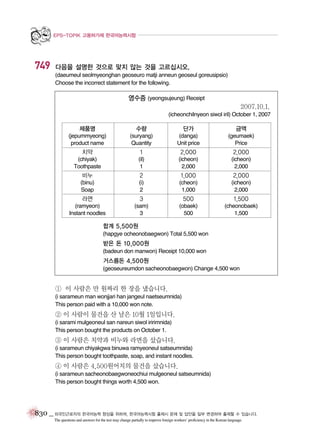 EPS-TOPIK 고용허가제 한국어능력시험

749

다음을 설명한 것으로 맞지 않는 것을 고르십시오.
(daeumeul seolmyeonghan geoseuro matji anneun geoseul goreusipsio)
Choose the incorrect statement for the following.

영수증 (yeongsujeung) Receipt
2007.10.1.
(icheonchilnyeon siwol iril) October 1, 2007

제품명

수량

단가

금액

(jepummyeong)
product name

(suryang)
Quantity

(danga)
Unit price

(geumaek)
Price

치약

1

2,000

2,000

(chiyak)
Toothpaste

(il)
1

(icheon)
2,000

(icheon)
2,000

비누

2

1,000

2,000

(binu)
Soap

(i)
2

(cheon)
1,000

(icheon)
2,000

라면

3

500

1,500

(ramyeon)
Instant noodles

(sam)
3

(obaek)
500

(cheonobaek)
1,500

합계 5,500원
(hapgye ocheonobaegwon) Total 5,500 won

받은 돈 10,000원
(badeun don manwon) Receipt 10,000 won

거스름돈 4,500원
(geoseureumdon sacheonobaegwon) Change 4,500 won

① 이 사람은 만 원짜리 한 장을 냈습니다.
(i sarameun man wonjjari han jangeul naetseumnida)
This person paid with a 10,000 won note.

② 이 사람이 물건을 산 날은 10월 1일입니다.
(i sarami mulgeoneul san nareun siwol iririmnida)
This person bought the products on October 1.

③ 이 사람은 치약과 비누와 라면을 샀습니다.
(i sarameun chiyakgwa binuwa ramyeoneul satseumnida)
This person bought toothpaste, soap, and instant noodles.

④ 이 사람은 4,500원어치의 물건을 샀습니다.
(i sarameun sacheonobaegwoneochiui mulgeoneul satseumnida)
This person bought things worth 4,500 won.

830 _ 외국인근로자의 한국어능력 향상을 위하여, 한국어능력시험 출제시 문제 및 답안을 일부 변경하여 출제할 수 있습니다.
The questions and answers for the test may change partially to improve foreign workers’ proficiency in the Korean language.

 