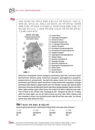 EPS-TOPIK 고용허가제 한국어능력시험

956

다음은 한국에서 다른 지역으로 전화를 걸 때 누르는 지역 번호입니다. 서울은 02,
인천은 032, 경기도는 031, 강원도는 033 등입니다. 같은 지역 안에 있는 사람에게
전화를 걸 때는 지역 번호를 누르지 않습니다. 외국에서 한국에 전화를 걸 때는 국가
번호 82를 먼저 누르고, 그 다음에 지역 번호를 누르는데, 이때 지역 번호 앞에 있는
‘0’ 빼고 눌러야 합니다.
을
<한국의 지역 번호>
(hangugui jiyeok beono)
Area code of Seoul

서울 (seoul) Seoul
경기 (gyeonggi) Gyeonggi-do
인천 (incheon) Incheon
강원 (gangwon) Kangwon-do
울릉도 (uleungdo) Ullung-island
독도 (dokdo) Tok-island
충북 (chungbuk) Chungcheongbuk-do
충남 (chungnam) Chungcheongnam-do
대전 (daejeon) Daejeon
경북 (gyeongbuk) Gyeongsangbuk-do
대구 (daegu) Daegu
전북 (jeonbuk) Jeonllabuk-do
광주 (gwangju) Gwangju
전남 (jeonnam) Jeollanam-do
경남 (gyeongnam) Kyongsangnam-do
울산 (ulsan) Ulsan
부산 (busan) Busan
제주 (jeju) Jeju-island

(daeumeun hangugeseo dareun jiyeogeuro jeonhwareul geol ttae nureuneun jiyeok
beonhoimnida seoureun gongi, incheoneun gongsami, gyeonggidoneun gongsamil,
gangwondoneun gongsamsam, deungimnida gateun jiyeok ane itneun saramege
jeonhwareul geol ttaeneun jiyeok beonhoreul nureuji anseumnida oegugeseo hanguge
jeonhwareul geol ttaeneun gukga beonho pari reul meonjeo nureugo geu daeume jiyeok
beonhoreul nureuneunde ittae jiyeok beonho ape itneun gongeul ppaego nuleoya hamnida)
When calling another region within Korea, the number one dials is called the area code.
That of Seoul is 02, Incheon 032, Gyeonggi-do 031, Gangwon-do 033 etc. If calling
within the same region, you do not need to press any area code. When making a call
from overseas to Korea, one must dial country code 82 and then area code. You should
dial the area code without the first 0.

956-1 부산의 지역 번호는 몇 번입니까?
(busanui jiyeok beonhoneun myeot beonimnikka) What is the area code of Busan?

① 02

② 032

③ 051

④ 052

(gongi)
02

(gongsami)
032

(gongoil)
051

(gongoi)
052

996 _ 외국인근로자의 한국어능력 향상을 위하여, 한국어능력시험 출제시 문제 및 답안을 일부 변경하여 출제할 수 있습니다.
The questions and answers for the test may change partially to improve foreign workers’ proficiency in the Korean language.

 