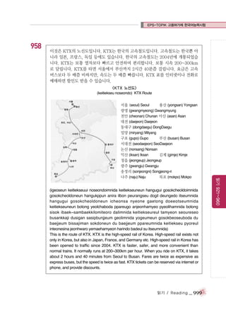 EPS-TOPIK 고용허가제 한국어능력시험

958

이것은 KTX의 노선도입니다. KTX는 한국의 고속철도입니다. 고속철도는 한국뿐 아
니라 일본, 프랑스, 독일 등에도 있습니다. 한국의 고속철도는 2004년에 개통되었습
니다. KTX는 보통 열차보다 빠르고 안전하며 편리합니다. 보통 시속 200~300km
로 달립니다. KTX를 타면 서울에서 부산까지 2시간 40분쯤 걸립니다. 요금은 고속
버스보다 두 배쯤 비싸지만, 속도는 두 배쯤 빠릅니다. KTX 표를 인터넷이나 전화로
예매하면 할인도 받을 수 있습니다.
<KTX 노선도>
(keitiekseu noseondo) KTX Route

(igeoseun keitiekseuui noseondoimnida keitiekseuneun hangugui gosokcheoldoimnida
gosokcheoldoneun hangukppun anira ilbon peurangseu dogil deungedo itseumnida
hangugui gosokcheoldoneun icheonsa nyeone gaetong doeeotseumnida
keitiekseuneun botong yeolchaboda ppareugo anjeonhamyeo pyeolihamnida botong
sisok ibaek~sambaekkilomiteoro dalimnida keitiekseureul tamyeon seoureseo
busankkaji dusigan sasipbunjjeum geolimnida yogeumeun gosokbeoseuboda du
baejjeum bissajiman sokdoneun du baejjeum ppareumnida keitiekseu pyoreul
inteonesina jeonhwaro yemaehamyeon harindo badeul su itseumnida)
This is the route of KTX. KTX is the high-speed rail of Korea. High-speed rail exists not
only in Korea, but also in Japan, France, and Germany etc. High-speed rail in Korea has
been opened to traffic since 2004. KTX is faster, safer, and more convenient than
normal trains. It normally runs at 200~300km per hour. When you ride on KTX, it takes
about 2 hours and 40 minutes from Seoul to Busan. Fares are twice as expensive as
express buses, but the speed is twice as fast. KTX tickets can be reserved via internet or
phone, and provide discounts.

읽기 / Reading

_ 999

읽기 921~960

서울 (seoul) Seoul
용산 (yongsan) Yongsan
광명 (gwangmyeong) Gwangmyung
천안 (cheonan) Chunan 아산 (asan) Asan
대전 (daejeon) Daejeon
동대구 (dongdaegu) DongDaegu
밀양 (miryang) Milyang
구포 (gupo) Gupo
부산 (busan) Busan
서대전 (seodaejeon) SeoDaejeon
논산 (nonsang) Nonsan
익산 (iksan) Iksan
김제 (gimje) Kimje
정읍 (jeongeup) Jeongeup
광주 (gwangju) Gwangju
송정리 (sonjeongni) Songjeong-ri
나주 (naju) Naju
목포 (mokpo) Mokpo

 