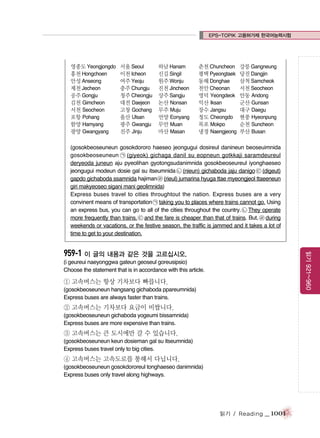 EPS-TOPIK 고용허가제 한국어능력시험

영종도 Yeongjongdo
홍천 Hongchoen
안성 Anseong
제천 Jecheon
공주 Gongju
김천 Gimcheon
서천 Seocheon
포항 Pohang
함양 Hamyang
광양 Gwangyang

서울 Seoul
이천 Icheon
여주 Yeoju
충주 Chungju
청주 Cheongju
대전 Daejeon
고창 Gochang
울산 Ulsan
광주 Gwangju
진주 Jinju

하남 Hanam
신길 Singil
원주 Wonju
진천 Jincheon
상주 Sangju
논산 Nonsan
무주 Muju
언양 Eonyang
무안 Muan
마산 Masan

춘천 Chuncheon
평택 Pyeongtaek
동해 Donghae
천안 Cheonan
영덕 Yeongdeok
익산 Iksan
장수 Jangsu
청도 Cheongdo
목포 Mokpo
냉정 Naengjeong

강릉 Gangneung
당진 Dangjin
삼척 Samcheok
서천 Seocheon
안동 Andong
군산 Gunsan
대구 Daegu
현풍 Hyeonpung
순천 Suncheon
부산 Busan

(gosokbeoseuneun gosokdororo haeseo jeongugui dosireul danineun beoseuimnida
gosokbeoseuneun ㉠ (giyeok) gichaga danil su eopneun gotkkaji saramdeureul
deryeoda juneun aju pyeolihan gyotongsudanimnida gosokbeoseureul iyonghaeseo
jeongugui modeun dosie gal su itseumnida ㉡ (nieun) gichaboda jaju danigo ㉢ (digeut)
gapdo gichaboda ssamnida hajiman ㉣ (rieul) jumarina hyuga ttae myeongjeol ttaeeneun
giri makyeoseo sigani mani geolimnida)
Express buses travel to cities throughtout the nation. Express buses are a very
convinent means of transportation ㉠ taking you to places where trains cannot go. Using
an express bus, you can go to all of the cities throughout the country. ㉡ They operate
more frequently than trains, ㉢ and the fare is cheaper than that of trains. But, ㉣ during
weekends or vacations, or the festive season, the traffic is jammed and it takes a lot of
time to get to your destination.

읽기 921~960

959-1 이 글의 내용과 같은 것을 고르십시오.
(i geureui naeyonggwa gateun geoseul goreusipsio)
Choose the statement that is in accordance with this article.

① 고속버스는 항상 기차보다 빠릅니다.
(gosokbeoseuneun hangsang gichaboda ppareumnida)
Express buses are always faster than trains.

② 고속버스는 기차보다 요금이 비쌉니다.
(gosokbeoseuneun gichaboda yogeumi bissamnida)
Express buses are more expensive than trains.

③ 고속버스는 큰 도시에만 갈 수 있습니다.
(gosokbeoseuneun keun dosieman gal su itseumnida)
Express buses travel only to big cities.

④ 고속버스는 고속도로를 통해서 다닙니다.
(gosokbeoseuneun gosokdororeul tonghaeseo danimnida)
Express buses only travel along highways.

읽기 / Reading

_ 1001

 