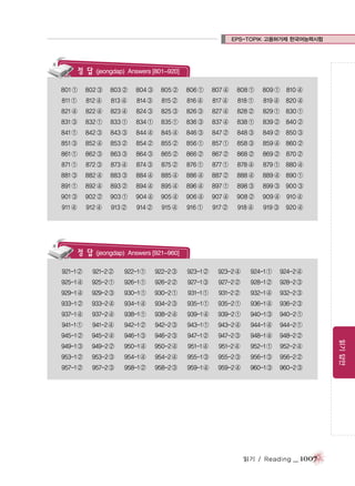 EPS-TOPIK 고용허가제 한국어능력시험

정 답 (jeongdap)

Answers [801~920]

801 ①

802 ③

803 ②

804 ③

805 ②

806 ①

807 ④

808 ①

809 ①

810 ④

811 ①

812 ④

813 ④

814 ③

815 ②

816 ④

817 ④

818 ①

819 ④

820 ④

821 ④

822 ④

823 ④

824 ③

825 ③

826 ③

827 ④

828 ②

829 ①

830 ①

831 ③

832 ①

833 ①

834 ①

835 ①

836 ③

837 ④

838 ①

839 ②

840 ②

841 ①

842 ③

843 ③

844 ④

845 ④

846 ③

847 ②

848 ③

849 ②

850 ③

851 ③

852 ④

853 ②

854 ②

855 ②

856 ①

857 ①

858 ③

859 ④

860 ②

861 ①

862 ③

863 ③

864 ③

865 ②

866 ②

867 ②

868 ②

869 ②

870 ②

871 ①

872 ③

873 ④

874 ③

875 ②

876 ①

877 ①

878 ④

879 ①

880 ④

881 ③

882 ④

883 ③

884 ④

885 ④

886 ④

887 ②

888 ④

889 ④

890 ①

891 ①

892 ④

893 ②

894 ④

895 ④

896 ④

897 ①

898 ③

899 ③

900 ③

901 ③

902 ②

903 ①

904 ④

905 ④

906 ④

907 ④

908 ②

909 ④

910 ④

911 ④

912 ④

913 ②

914 ②

915 ④

916 ①

917 ②

918 ④

919 ③

920 ④

정 답 (jeongdap)

Answers [921~960]

921-2 ②

922-1 ①

922-2 ③

923-1 ②

923-2 ④

924-1 ①

924-2 ④

925-1 ④

925-2 ①

926-1 ①

926-2 ②

927-1 ③

927-2 ②

928-1 ②

928-2 ③

929-1 ④

929-2 ③

930-1 ①

930-2 ①

931-1 ①

931-2 ②

932-1 ④

932-2 ③

933-1 ②

933-2 ④

934-1 ④

934-2 ③

935-1 ①

935-2 ①

936-1 ④

936-2 ③

937-1 ④

937-2 ④

938-1 ①

938-2 ④

939-1 ④

939-2 ①

940-1 ③

940-2 ①

941-1 ①

941-2 ④

942-1 ②

942-2 ③

943-1 ①

943-2 ④

944-1 ④

944-2 ①

945-1 ②

945-2 ④

946-1 ③

946-2 ③

947-1 ②

947-2 ③

948-1 ④

948-2 ②

949-1 ③

949-2 ②

950-1 ④

950-2 ④

951-1 ④

951-2 ④

952-1 ①

952-2 ④

953-1 ②

953-2 ③

954-1 ④

954-2 ④

955-1 ③

955-2 ③

956-1 ③

956-2 ②

957-1 ②

957-2 ③

958-1 ②

958-2 ③

959-1 ④

959-2 ④

960-1 ③

960-2 ③

읽기 / Reading

_ 1007

읽기 답안

921-1 ②

 