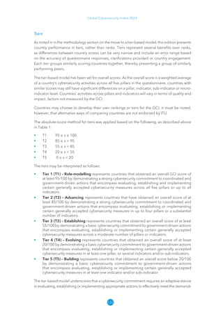 133
Global Cybersecurity Index 2024
Tiers
As noted in in the methodology section on the move to a tier-based model, this edition presents
country performance in tiers, rather than ranks. Tiers represent several benefits over ranks,
as differences between country scores can be very narrow and include an error range based
on the accuracy of questionnaire responses, clarifications provided or country engagement.
Each tier groups similarly scoring countries together, thereby presenting a group of similarly
performing peers.
The tier-based model has been set for overall scores. As the overall score is a weighted average
of a country’s cybersecurity activities across all five pillars in the questionnaire, countries with
similar scores may still have significant differences on a pillar, indicator, sub-indicator or micro-
indicator level. Countries’ activities across pillars and indicators will vary in terms of quality and
impact, factors not measured by the GCI.
Countries may choose to develop their own rankings or tiers for the GCI; it must be noted,
however, that alternative ways of comparing countries are not endorsed by ITU.
The absolute-score method for tiers was applied based on the following, as described above
in Table 1:
• T1 95 ≤ x ≤ 100
• T2 85 ≤ x  95
• T3 55 ≤ x  85
• T4 20 ≤ x  55
• T5 0 ≤ x  20
The tiers may be interpreted as follows:
• Tier 1 (T1) – Role-modelling represents countries that obtained an overall GCI score of
at least 95/100 by demonstrating a strong cybersecurity commitment to coordinated and
government-driven actions that encompass evaluating, establishing and implementing
certain generally accepted cybersecurity measures across all five pillars or up to all
indicators.
• Tier 2 (T2) – Advancing represents countries that have obtained an overall score of at
least 85/100 by demonstrating a strong cybersecurity commitment to coordinated and
government-driven actions that encompass evaluating, establishing or implementing
certain generally accepted cybersecurity measures in up to four pillars or a substantial
number of indicators.
• Tier 3 (T3) – Establishing represents countries that obtained an overall score of at least
55/100 by demonstrating a basic cybersecurity commitment to government-driven actions
that encompass evaluating, establishing or implementing certain generally accepted
cybersecurity measures across a moderate number of pillars or indicators.
• Tier 4 (T4) – Evolving represents countries that obtained an overall score of at least
20/100 by demonstrating a basic cybersecurity commitment to government-driven actions
that encompass evaluating, establishing or implementing certain generally accepted
cybersecurity measures in at least one pillar, or several indicators and/or sub-indicators.
• Tier 5 (T5) – Building represents countries that obtained an overall score below 20/100
by demonstrating a basic cybersecurity commitment to government-driven actions
that encompass evaluating, establishing or implementing certain generally accepted
cybersecurity measures in at least one indicator and/or sub-indicator.
The tier-based model underscores that a cybersecurity commitment requires an adaptive stance
in evaluating, establishing or implementing appropriate actions to effectively meet the demands
 