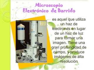 Microscopio
Electrónico de Barrido
           es aquel que utiliza
                 un haz de
           electrones en lugar
              de un haz de luz
              para formar una
            imagen. Tiene una
           gran profundidad de
             campo, y produce
             imágenes de alta
                 resolución
 