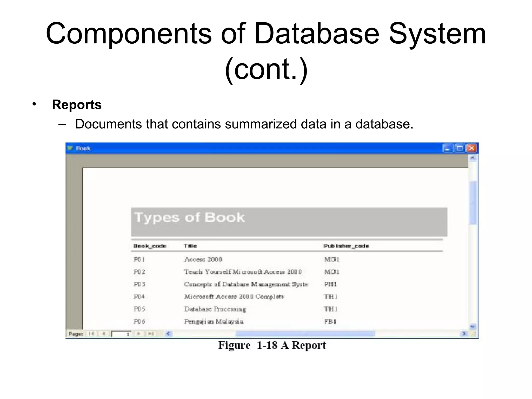 Components of Database System (cont.) Reports Documents that contains summarized data in a database. 