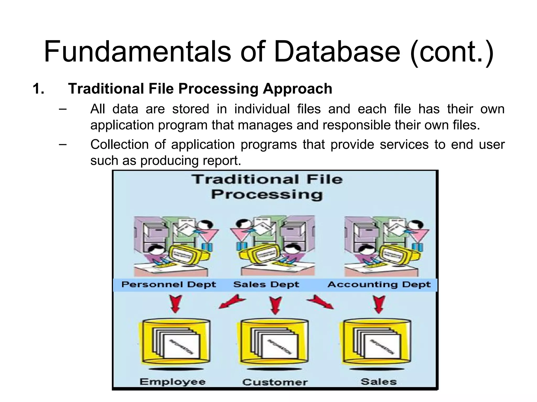 Fundamentals of Database (cont.) Traditional File Processing Approach All data are stored in individual files and each file has their own application program that manages and responsible their own files. Collection of application programs that provide services to end user such as producing report. 