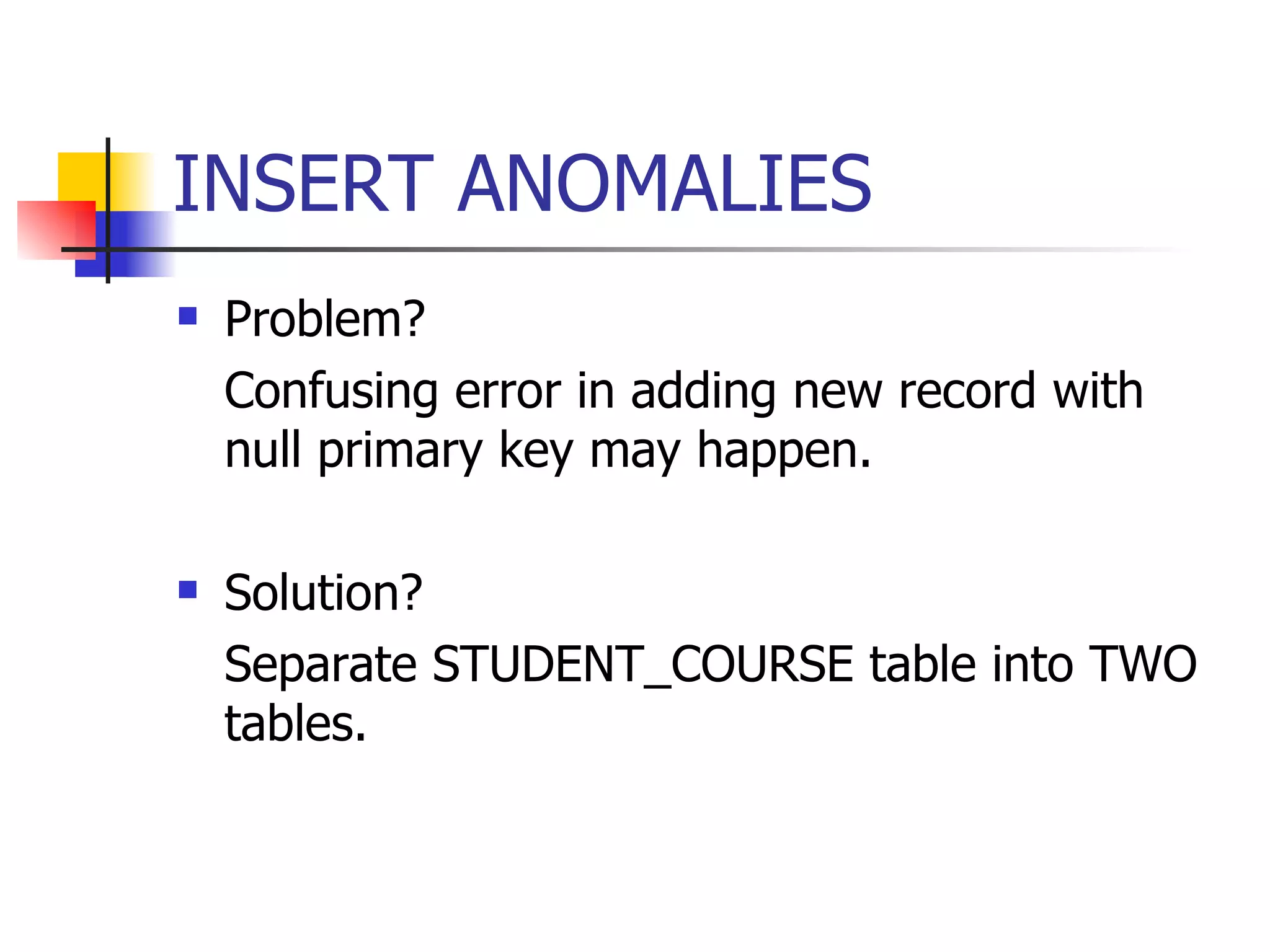 INSERT ANOMALIES Problem? Confusing error in adding new record with null primary key may happen. Solution? Separate STUDENT_COURSE table into TWO tables. 