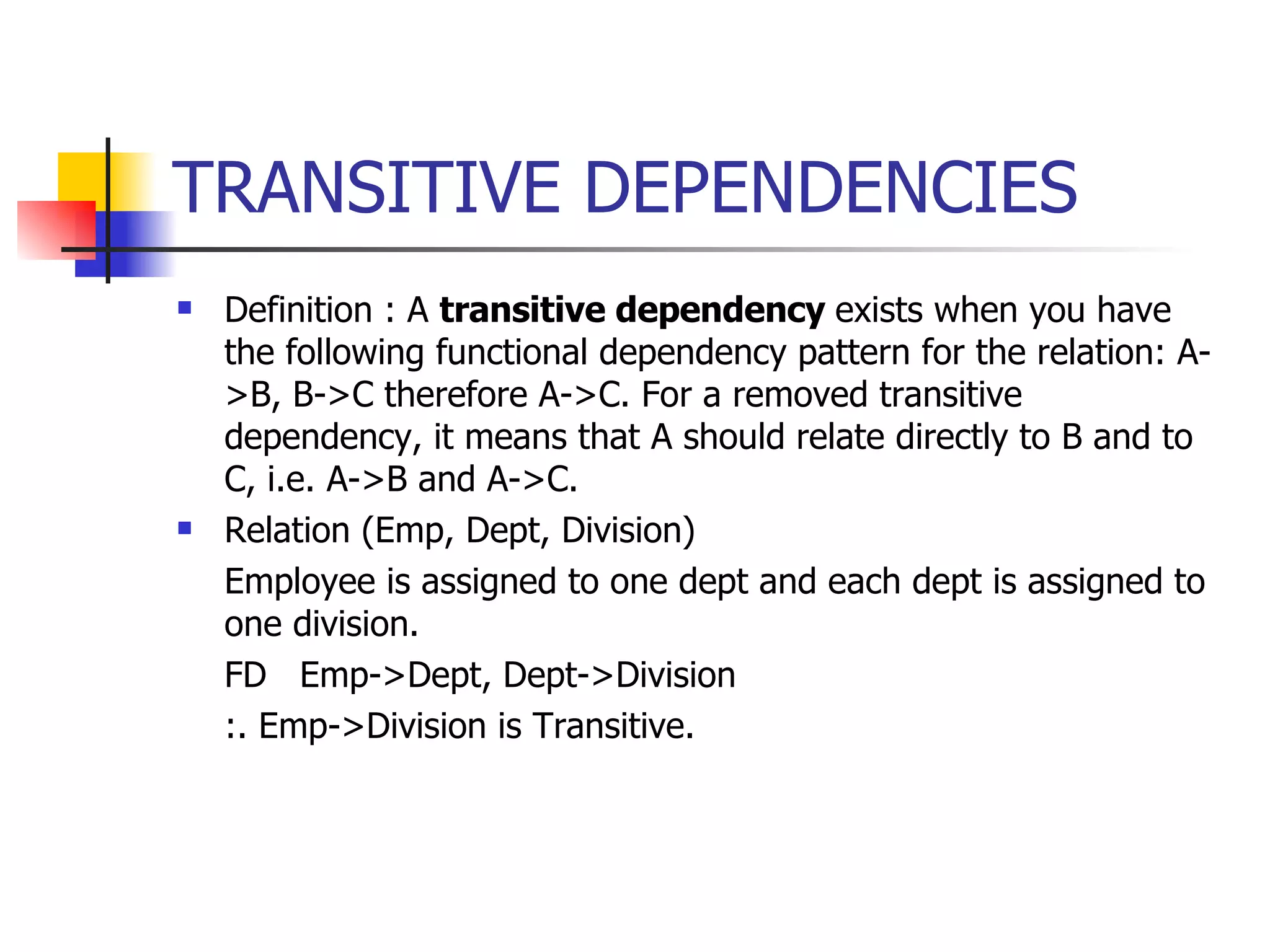 TRANSITIVE DEPENDENCIES Definition :  A  transitive dependency  exists when you have the following functional dependency pattern for the relation: A->B, B->C therefore A->C. For a removed transitive dependency, it means that A should relate directly to B and to C, i.e. A->B and A->C. Relation (Emp, Dept, Division) Employee is assigned to one dept and each dept is assigned to one division. FD  Emp->Dept, Dept->Division :. Emp->Division is Transitive. 