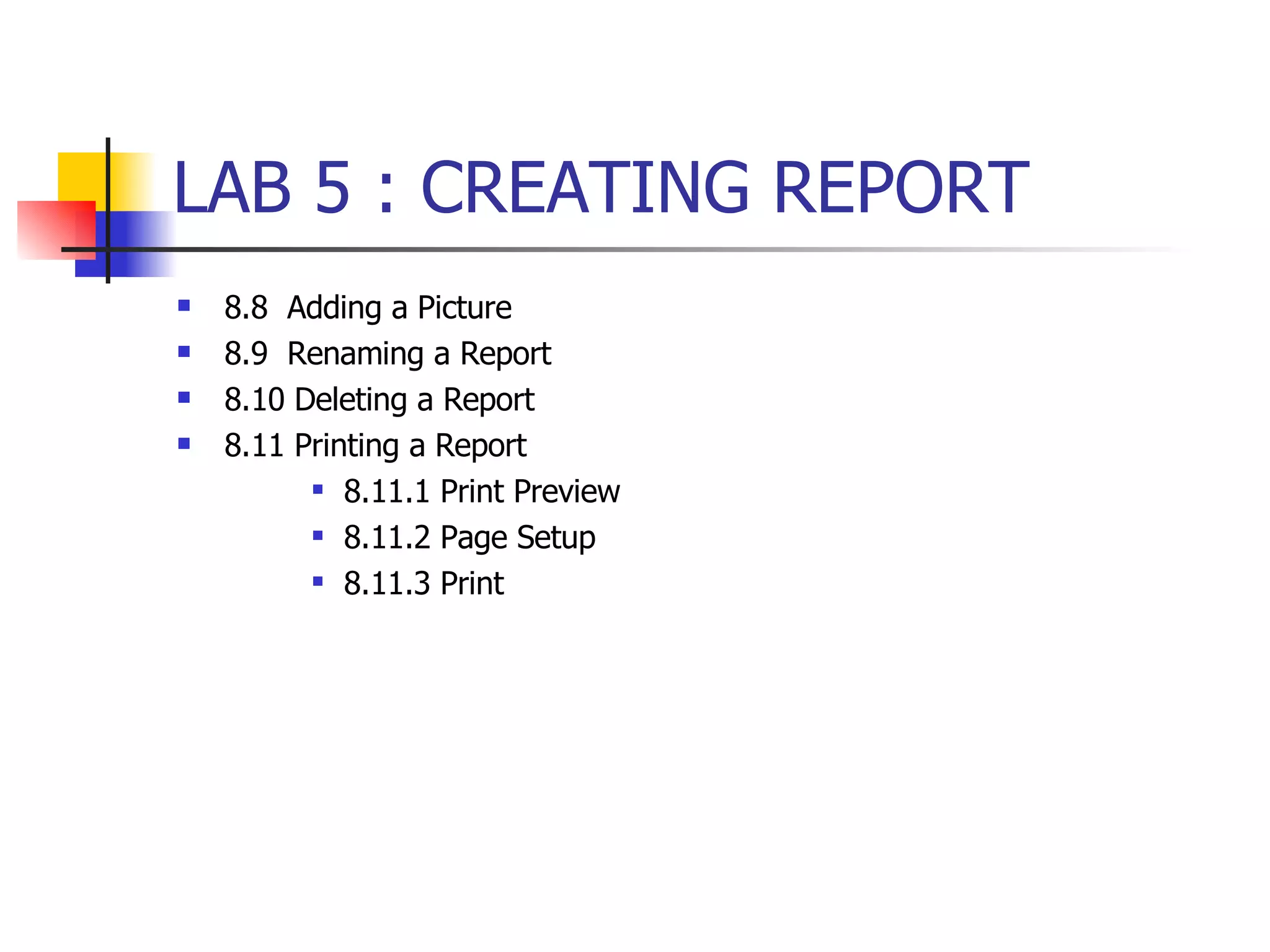 LAB 5 : CREATING REPORT 8.8  Adding a Picture 8.9  Renaming a Report 8.10 Deleting a Report 8.11 Printing a Report 8.11.1 Print Preview 8.11.2 Page Setup 8.11.3 Print   