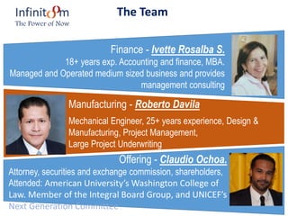 The Team
Offering - Claudio Ochoa.
Attorney, securities and exchange commission, shareholders,
Attended: American University’s Washington College of
Law. Member of the Integral Board Group, and UNICEF’s
Next Generation Committee .
Manufacturing - Roberto Davila
Mechanical Engineer, 25+ years experience, Design &
Manufacturing, Project Management,
Large Project Underwriting
Finance - Ivette Rosalba S.
18+ years exp. Accounting and finance, MBA.
Managed and Operated medium sized business and provides
management consulting
Infinit m
The Power of Now
 