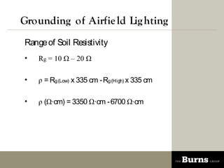 Grounding of Airfie ld Lig hting
Range of Soil Resistivity
?   Rg = 10  C 20 

?    = Rg (Low) x 335 cm - Rg (High) x 335 cm

?    (cm) = 3350 cm - 6700 cm
 