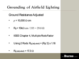 Grounding of Airfie ld Lig hting
Ground Resistance Adjusted
?    = 10,000 cm

?   Rg = 10kcm / 335 = 29.8 

?   IEEE Chapter 4, Multiple Rods Factor

?   Using 2 Rods: Rg (adjusted) = (Rg/ 2) x 1.16

?   Rg (adjusted) = 17.3 
 