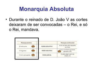 Monarquia Absoluta Durante o reinado de D. João V as  Cortes  deixaram de ser convocadas – o Rei, e só o Rei, mandava.  