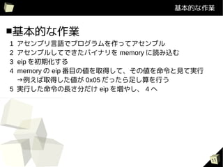 ĤI


ĤI
1 ֥Zǥץäƥ֥
2 ֥뤷ƤǤХʥ memory iz
3 eip ڻ
4 memory  eip Ŀ΂ȡäơ΂Ҋƌg
ȡä 0x05 ä㤷Ф
5 gФL֤ eip 򉈤䤷 4 




                                       11
 