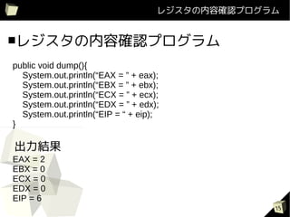 쥸ݴ_Jץ


쥸ݴ_Jץ

public void dump(){
  System.out.println(EAX =  + eax);
  System.out.println(EBX =  + ebx);
  System.out.println(ECX =  + ecx);
  System.out.println(EDX =  + edx);
  System.out.println(EIP =  + eip);
}

Y
EAX = 2
EBX = 0
ECX = 0
EDX = 0
EIP = 6
                                                 15
 