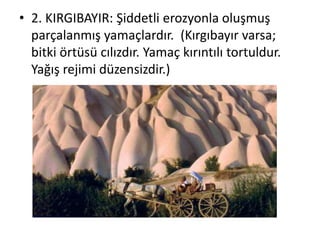 • 2. KIRGIBAYIR: Şiddetli erozyonla oluşmuş
  parçalanmış yamaçlardır. (Kırgıbayır varsa;
  bitki örtüsü cılızdır. Yamaç kırıntılı tortuldur.
  Yağış rejimi düzensizdir.)
 