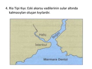 4. Ria Tipi Kıyı: Eski akarsu vadilerinin sular altında
   kalmasıylan oluşan kıyılardır.
 