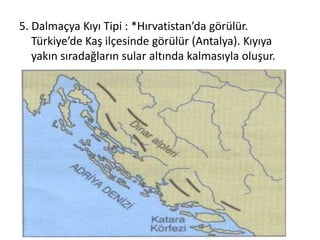 5. Dalmaçya Kıyı Tipi : *Hırvatistan’da görülür.
   Türkiye’de Kaş ilçesinde görülür (Antalya). Kıyıya
   yakın sıradağların sular altında kalmasıyla oluşur.
 