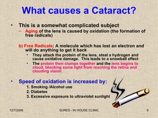 What causes a Cataract? This is a somewhat complicated subject Aging  of the lens is caused by oxidation (the formation of free radicals) b) Free Radicals : A molecule which has lost an electron and will do anything to get it back They attack the protein of the lens, steal a hydrogen and cause oxidative damage.  This leads to a snowball effect The  protein then clumps together  and the  lens begins to cloud, blocking some light from reaching the retina and clouding vision Speed of oxidation is increased by: 1. Smoking /Alcohol use 2. Diabetes 3. Excessive exposure to ultraviolet sunlight  