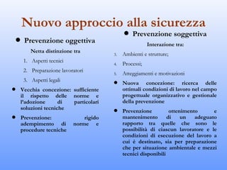 Nuovo approccio alla sicurezza
                                                q   Prevenzione soggettiva
    q    Prevenzione oggettiva                              Interazione tra:
            Netta distinzione tra
                                           3.   Ambienti e strutture;
         1. Aspetti tecnici
                                           4.   Processi;
         2. Preparazione lavoratori
                                           5.   Atteggiamenti e motivazioni
         3. Aspetti legali                 q    Nuova concezione: ricerca delle
q       Vecchia concezione: sufficiente         ottimali condizioni di lavoro nel campo
        il rispetto delle norme e               progettuale organizzativo e gestionale
        l’adozione      di  particolari         della prevenzione
        soluzioni tecniche                 q    Prevenzione          ottenimento      e
q       Prevenzione:              rigido        mantenimento        di    un   adeguato
        adempimento di        norme e           rapporto tra quelle che sono le
        procedure tecniche                      possibilità di ciascun lavoratore e le
                                                condizioni di esecuzione del lavoro a
                                                cui è destinato, sia per preparazione
                                                che per situazione ambientale e mezzi
                                                tecnici disponibili
 