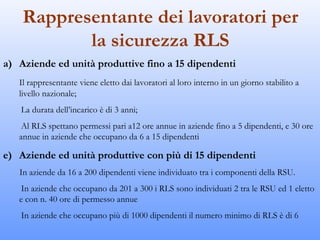 Rappresentante dei lavoratori per
           la sicurezza RLS
a) Aziende ed unità produttive fino a 15 dipendenti
   Il rappresentante viene eletto dai lavoratori al loro interno in un giorno stabilito a
   livello nazionale;
   La durata dell’incarico è di 3 anni;
    Al RLS spettano permessi pari a12 ore annue in aziende fino a 5 dipendenti, e 30 ore
   annue in aziende che occupano da 6 a 15 dipendenti

e) Aziende ed unità produttive con più di 15 dipendenti
   In aziende da 16 a 200 dipendenti viene individuato tra i componenti della RSU.
    In aziende che occupano da 201 a 300 i RLS sono individuati 2 tra le RSU ed 1 eletto
   e con n. 40 ore di permesso annue
   In aziende che occupano più di 1000 dipendenti il numero minimo di RLS è di 6
 