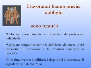 I lavoratori hanno precisi
                        obblighi

                  sono tenuti a
•Utilizzare correttamente i dispositivi di protezione
individuale
•Segnalare tempestivamente le deficienze dei mezzi e dei
dispositivi di protezione e le eventuali situazioni di
pericolo
•Non rimuovere o modificare i dispositivi di sicurezza, di
segnalazione e di controllo
 