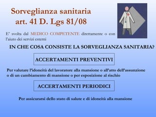 Sorveglianza sanitaria
   art. 41 D. Lgs 81/08
E’ svolta dal MEDICO COMPETENTE direttamente o con
l’aiuto dei servizi esterni
 IN CHE COSA CONSISTE LA SORVEGLIANZA SANITARIA?

                ACCERTAMENTI PREVENTIVI
Per valutare l’idoneità del lavoratore alla mansione o all’atto dell’assunzione
o di un cambiamento di mansione o per esposizione al rischio

                 ACCERTAMENTI PERIODICI

      Per assicurarsi dello stato di salute e di idoneità alla mansione
 