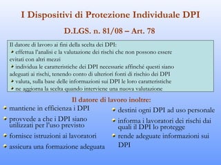 I Dispositivi di Protezione Individuale DPI
                       D.LGS. n. 81/08 – Art. 78
Il datore di lavoro ai fini d...