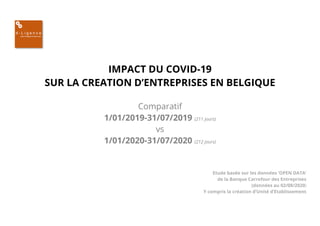 IMPACT DU COVID-19
SUR LA CREATION D’ENTREPRISES EN BELGIQUE
Comparatif
1/01/2019-31/07/2019 (211 jours)
vs
1/01/2020-31/07/2020 (212 jours)
Etude basée sur les données ‘OPEN DATA’
de la Banque Carrefour des Entreprises
(données au 02/08/2020)
Y compris la création d’Unité d’Etablissement
 