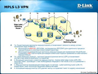 MPLS L3 VPN 1a.  Существующие протоколы маршрутизации устанавливают связность между сетями назначения  ( ядро  IP/MPLS) Используется   BGP ext.  (RFC4364,  последователь  RFC2547)  для одиночного процесса маршрутизации со многими клиентскими подсетями   Используются определённые протоколы маршрутизации для применения  Virtual Router Forwarding ( VRF )  при котором для каждой клиентской подсети применяется свой процесс маршрутизации 1b. Label distribution protocol –  протокол распространения меток  (LDP)  устанавливает соответствия  label-to-destination  по подсетям 2.  Входящий граничный с клиентом маршрутизатор -  Ingress label edge router (LER, PE)  получает пакет, производит с ним необходимые операции в том числе и на  L3  и добавляет к нему метку 3.  Маршрутизатор производящий коммутацию по меткам -  Label switching router (LSR, P)  коммутирует пакет используя механизм обмена метками 4.  Исходящий маршрутизатор  LER  удаляет метку и отправляет пакет по адресу назначения 