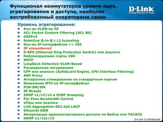 Функционал коммутаторов уровня ядра, агрегирования и доступа, наиболее востребованный операторами связи Уровень агрегирования: Кол-во  VLAN -ов 4К ACL Packet Content Filtering (ACL 80) OSPFv2 Selective Q-in-Q  с  L2 tunneling Кол-во  IP- интерфейсов  >= 256 IP unnumbered E-RPS (Ethernet Ring Protection Switch)  или аналоги Неблокирующие порты  10G MSTP LoopBack Detection VLAN-Based Расширенное логирование CPP  или аналоги ( SafeGuard Engine, CPU Interface Filtering ) ARP Proxy Аппаратное стекирование по стандартным портам Изменение  MTU  на  IP- интерфейсах PIM-SM/DM IP Mroute IGMP v1/v2/v3  и  IGMP Snooping Per Flow Bandwidth Control sFlow  или аналоги Link Aggregation 802.3ad LACP Ethernet OAM Авторизация административного доступа по  Radius  или  TACACS SNMP v1/v2c/v3 LLDP  или аналоги 