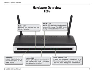 Section 1 - Product Overview



                                               Hardware Overview
                                                                 LEDs



                                                               WLAN LED
                       Status LED                              A solid light indicates that the wireless
                       A blinking light indicates that the     segment is ready. This LED blinks
                       DIR-615 is ready.                       during wireless data transmission.




  Power LED                                                                      Local Network LEDs
                                    Internet LED
  A solid light indicates a                                                      A solid light indicates a connection to an
                                    A solid light indicates connection on
  proper connection to the                                                       Ethernet-enabled computer on ports 1-4.
                                    the Internet port. This LED blinks
  power supply.                                                                  This LED blinks during data transmission.
                                    during data transmission.



D-Link DIR-615 User Manual                                                                                                    
 