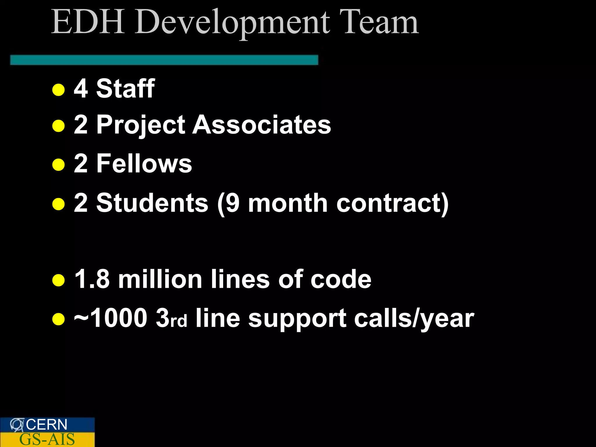 EDH Development Team
    4 Staff
    2 Project Associates
    2 Fellows
    2 Students (9 month contract)


    1.8 million lines of code
    ~1000 3rd line support calls/year



CERN
GS-AIS
 