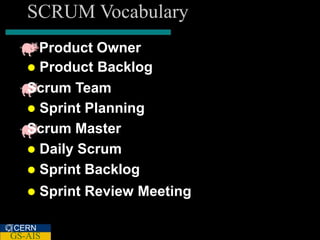 SCRUM Vocabulary
     Product Owner
    Product Backlog
   Scrum Team
    Sprint Planning
   Scrum Master
    Daily Scrum
    Sprint Backlog
      Sprint Review Meeting

CERN
GS-AIS
 
