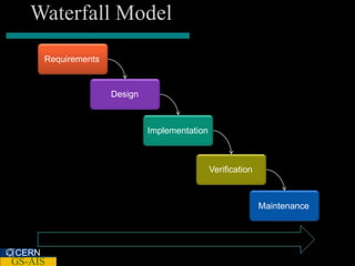 Waterfall Model
       Requirements


                      Design



                               Implementation



                                                Verification



                                                               Maintenance


                                 Time
CERN
GS-AIS
 