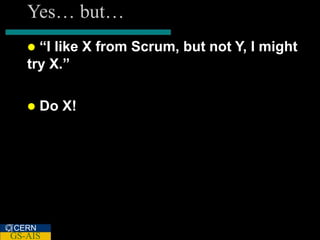 Yes… but…
    “I like X from Scrum, but not Y, I might
   try X.”

      Do X!




CERN
GS-AIS
 