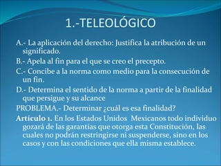 1.-TELEOLÓGICO
A.- La aplicación del derecho: Justifica la atribución de un
significado.
B.- Apela al fin para el que se creo el precepto.
C.- Concibe a la norma como medio para la consecución de
un fin.
D.- Determina el sentido de la norma a partir de la finalidad
que persigue y su alcance
PROBLEMA.- Determinar ¿cuál es esa finalidad?
Artículo 1. En los Estados Unidos Mexicanos todo individuo
gozará de las garantías que otorga esta Constitución, las
cuales no podrán restringirse ni suspenderse, sino en los
casos y con las condiciones que ella misma establece.
 