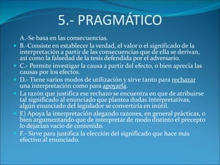5.- PRAGMÁTICO
A.-Se basa en las consecuencias.
 B.-Consiste en establecer la verdad, el valor o el significado de la
interpretación a partir de las consecuencias que de ella se derivan,
así como la falsedad de la tesis defendida por el adversario.
 C.- Permite investigar la causa a partir del efecto, o bien aprecia las
causas por los efectos.
 D.- Tiene varios modos de utilización y sirve tanto para rechazar
una interpretación como para apoyarla.
 La razón que justifica ese rechazo se encuentra en que de atribuirse
tal significado al enunciado que plantea dudas interpretativas,
algún enunciado del legislador se convertiría en inútil.
 E) Apoya la interpretación alegando razones, en general prácticas, o
bien argumentando que de interpretar de modo distinto el precepto
lo dejarían vacío de contenido.
 F.- Sirve para justifica la elección del significado que hace más
efectivo al enunciado.
 