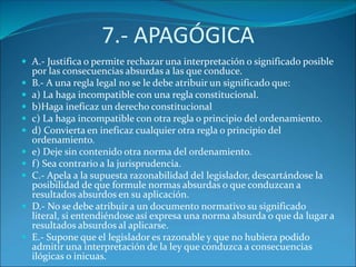 7.- APAGÓGICA
 A.- Justifica o permite rechazar una interpretación o significado posible
por las consecuencias absurdas a las que conduce.
 B.- A una regla legal no se le debe atribuir un significado que:
 a) La haga incompatible con una regla constitucional.
 b)Haga ineficaz un derecho constitucional
 c) La haga incompatible con otra regla o principio del ordenamiento.
 d) Convierta en ineficaz cualquier otra regla o principio del
ordenamiento.
 e) Deje sin contenido otra norma del ordenamiento.
 f) Sea contrario a la jurisprudencia.
 C.- Apela a la supuesta razonabilidad del legislador, descartándose la
posibilidad de que formule normas absurdas o que conduzcan a
resultados absurdos en su aplicación.
 D.- No se debe atribuir a un documento normativo su significado
literal, si entendiéndose así expresa una norma absurda o que da lugar a
resultados absurdos al aplicarse.
 E.- Supone que el legislador es razonable y que no hubiera podido
admitir una interpretación de la ley que conduzca a consecuencias
ilógicas o inicuas.
 