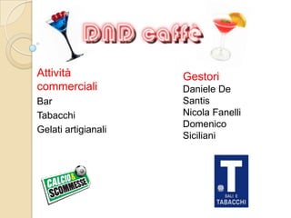 Attività commerciali Bar Tabacchi Gelati artigianali Gestori Daniele De Santis Nicola Fanelli Domenico Siciliani 