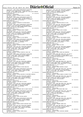 Te r ç a F e i r a , 0 5 d e A b r i l d e 2 0 11          Diário Oficial
        Cargo/Função: (3468) TECNICO ADMINISTRATIVO EDUCACIONAL                           Cargo/Função: (3476) APOIO ADM. EDUCACIONAL-ELEMENTAR
                                                                                                                                                     Página 101
        Referência: A-001 Carga Horária: 30 horas semanais                                Referência: A-001 Carga Horária: 30 horas semanais
        Un. Adm: (118516) CENTRO DE EDUC. JOVENS E AD LUIZA MIOTTO FERREIRA               Un. Adm: (158348) E.E. ROBERVAL COSTA REIS
        A Partir de: 14/02/2011 Até 23/12/2011                                            A Partir de: 07/02/2011 Até 23/12/2011
CONTRATO/SEDUC/28383/2011                                        DE: 05/04/2011   CONTRATO/SEDUC/28397/2011                                        DE:   05/04/2011
        Processo Nº: 1000000999940                                                        Processo Nº: 1000001005054
        Contratado: (230441/1) EDINALVO NOVAIS DE OLIVEIRA                                Contratado: (230455/1) VALDELICE SAMPAIO MORAES
        CPF: 781.570.721-15                                                               CPF: 038.307.491-63
        Cargo/Função: (3468) TECNICO ADMINISTRATIVO EDUCACIONAL                           Cargo/Função: (3476) APOIO ADM. EDUCACIONAL-ELEMENTAR
        Referência: A-001 Carga Horária: 30 horas semanais                                Referência: A-001 Carga Horária: 30 horas semanais
        Un. Adm: (010189) EEPSG - PADRE JOSE MARIA DO SACRAMENTO                          Un. Adm: (158348) E.E. ROBERVAL COSTA REIS
        A Partir de: 01/03/2011 Até 23/12/2011                                            A Partir de: 14/02/2011 Até 23/12/2011
CONTRATO/SEDUC/28384/2011                                        DE: 05/04/2011   CONTRATO/SEDUC/28398/2011                                        DE:   05/04/2011
        Processo Nº: 1000000991745                                                        Processo Nº: 1000001000606
        Contratado: (230442/1) GISLAINE DE OLIVEIRA MACIEL                                Contratado: (230456/1) FRANCIELE AGUIDA DA SILVA
        CPF: 010.213.181-32                                                               CPF: 028.122.751-97
        Cargo/Função: (3468) TECNICO ADMINISTRATIVO EDUCACIONAL                           Cargo/Função: (3476) APOIO ADM. EDUCACIONAL-ELEMENTAR
        Referência: A-001 Carga Horária: 30 horas semanais                                Referência: A-001 Carga Horária: 30 horas semanais
        Un. Adm: (114553) E.E. PADRE JHOANNES BERTHOLD HENNING                            Un. Adm: (014877) EEPG - IR. MIGUELINA CORSO
        A Partir de: 04/03/2011 Até 23/12/2011                                            A Partir de: 04/03/2011 Até 23/12/2011
CONTRATO/SEDUC/28385/2011                                        DE: 05/04/2011   CONTRATO/SEDUC/28399/2011                                        DE:   05/04/2011
        Processo Nº: 1000001003051                                                        Processo Nº: 1000001000607
        Contratado: (230443/1) VALDEMAR ANTONIO XERENTE                                   Contratado: (230457/1) SUZANA COSTA DE BARROS
        CPF: 992.904.131-15                                                               CPF: 004.679.531-63
        Cargo/Função: (3476) APOIO ADM. EDUCACIONAL-ELEMENTAR                             Cargo/Função: (3476) APOIO ADM. EDUCACIONAL-ELEMENTAR
        Referência: A-001 Carga Horária: 30 horas semanais                                Referência: A-001 Carga Horária: 30 horas semanais
        Un. Adm: (156230) E.E. INDÍGENA DE EDUCAÇÃO BÁSICA                                Un. Adm: (014877) EEPG - IR. MIGUELINA CORSO
        A Partir de: 11/03/2011 Até 23/12/2011                                            A Partir de: 04/03/2011 Até 23/12/2011
CONTRATO/SEDUC/28386/2011                                        DE: 05/04/2011   CONTRATO/SEDUC/28400/2011                                        DE:   05/04/2011
        Processo Nº: 1000001004233                                                        Processo Nº: 1000001004584
        Contratado: (230444/1) ABRAAO DA SILVA PEREIRA                                    Contratado: (230458/1) FABIANI PIRES MARQUES ROSSETE
        CPF: 020.561.571-60                                                               CPF: 009.922.771-16
        Cargo/Função: (3468) TECNICO ADMINISTRATIVO EDUCACIONAL                           Cargo/Função: (3476) APOIO ADM. EDUCACIONAL-ELEMENTAR
        Referência: A-001 Carga Horária: 30 horas semanais                                Referência: A-001 Carga Horária: 30 horas semanais
        Un. Adm: (010987) EEPSG - D. WUNIBALDO TELLEUR                                    Un. Adm: (012106) EEPSG - PROF. ADALGISA DE BARROS
        A Partir de: 14/02/2011 Até 23/12/2011                                            A Partir de: 10/02/2011 Até 23/12/2011
CONTRATO/SEDUC/28387/2011                                        DE: 05/04/2011   CONTRATO/SEDUC/28401/2011                                        DE:   05/04/2011
        Processo Nº: 1000001004664                                                        Processo Nº: 1000001006703
        Contratado: (230445/1) ADRIANA DE AZEVEDO BORGES MENDES                           Contratado: (230459/1) SERGIO DA SILVA
        CPF: 946.025.731-34                                                               CPF: 442.029.201-63
        Cargo/Função: (3476) APOIO ADM. EDUCACIONAL-ELEMENTAR                             Cargo/Função: (3476) APOIO ADM. EDUCACIONAL-ELEMENTAR
        Referência: A-001 Carga Horária: 30 horas semanais                                Referência: A-001 Carga Horária: 30 horas semanais
        Un. Adm: (010898) CEJA - “PROF. ALFREDO MARIEN”                                   Un. Adm: (012122) EEPG - PROF. JERCY JACOB
        A Partir de: 10/02/2011 Até 20/05/2011                                            A Partir de: 14/02/2011 Até 23/12/2011
CONTRATO/SEDUC/28388/2011                                        DE: 05/04/2011   CONTRATO/SEDUC/28402/2011                                        DE:   05/04/2011
        Processo Nº: 1000001004133                                                        Processo Nº: 1000001005569
        Contratado: (230446/1) EDYNEIA APARECIDA VIANA LIMA                               Contratado: (230460/1) MARIA SIMONE AKAY MUNDURUKU
        CPF: 715.913.031-68                                                               CPF: 731.951.382-04
        Cargo/Função: (3468) TECNICO ADMINISTRATIVO EDUCACIONAL                           Cargo/Função: (3514) CONTR.TEMP.FUNCAO PROF. NAO HABILIT
        Referência: A-001 Carga Horária: 30 horas semanais                                Referência: A-001 Carga Horária: 20 horas semanais
        Un. Adm: (010863) EEPG - LUCAS PACHECO DE CAMARGO                                 Un. Adm: (140988) E.E.INDIGENA DE EDUCACAO BASICA ITAWYAK
        A Partir de: 14/02/2011 Até 23/12/2011                                            A Partir de: 14/02/2011 Até 23/12/2011
CONTRATO/SEDUC/28389/2011                                        DE: 05/04/2011   CONTRATO/SEDUC/28403/2011                                        DE:   05/04/2011
        Processo Nº: 1000001004343                                                        Processo Nº: 1000001001639
        Contratado: (230447/1) ELIENE DIAS ALVES                                          Contratado: (230461/1) ADAO NOLETO COSTA
        CPF: 000.340.271-14                                                               CPF: 020.189.681-81
        Cargo/Função: (3476) APOIO ADM. EDUCACIONAL-ELEMENTAR                             Cargo/Função: (3506) CONTR.TEMP.FUNCAO PROF. HABILITADO
        Referência: A-001 Carga Horária: 30 horas semanais                                Referência: B-001 Carga Horária: 16 horas semanais
        Un. Adm: (010871) EEPSG - ADOLFO AUGUSTO DE MORAES                                Un. Adm: (039055) EEPSG - PROF. JOAO REZENDE DE AZEVEDO
        A Partir de: 23/03/2011 Até 23/12/2011                                            A Partir de: 14/03/2011 Até 21/12/2011
CONTRATO/SEDUC/28390/2011                                        DE: 05/04/2011   CONTRATO/SEDUC/28404/2011                                        DE:   05/04/2011
        Processo Nº: 1000001005767                                                        Processo Nº: 1000001005174
        Contratado: (230448/1) ELIETE DA ROCHA PRADE NEU                                  Contratado: (230462/1) NADNA PALMIERE DE ARAUJO
        CPF: 942.509.361-04                                                               CPF: 084.631.618-80
        Cargo/Função: (3468) TECNICO ADMINISTRATIVO EDUCACIONAL                           Cargo/Função: (3506) CONTR.TEMP.FUNCAO PROF. HABILITADO
        Referência: A-001 Carga Horária: 30 horas semanais                                Referência: B-001 Carga Horária: 30 horas semanais
        Un. Adm: (010901) EEPSG - SAGRADO CORACAO DE JESUS                                Un. Adm: (011754) EEPG - DES. GABRIEL PINTO DE ARRUDA
        A Partir de: 17/03/2011 Até 23/12/2011                                            A Partir de: 22/03/2011 Até 23/12/2011
CONTRATO/SEDUC/28391/2011                                        DE: 05/04/2011   CONTRATO/SEDUC/28405/2011                                        DE:   05/04/2011
        Processo Nº: 1000001002520                                                        Processo Nº: 1000000987394
        Contratado: (230449/1) EULINA RODRIGUES DO NASCIMENTO MONTEIRO                    Contratado: (230463/1) ANDREIA MENDES DE ALMEIDA VIEIRA
        CPF: 474.051.981-04                                                               CPF: 187.121.418-10
        Cargo/Função: (3476) APOIO ADM. EDUCACIONAL-ELEMENTAR                             Cargo/Função: (3506) CONTR.TEMP.FUNCAO PROF. HABILITADO
        Referência: A-001 Carga Horária: 30 horas semanais                                Referência: B-001 Carga Horária: 25 horas semanais
        Un. Adm: (011037) EEPSG - PROF. RENILDA SILVA MORAES                              Un. Adm: (163678) E.E. “UNIAO DA CHAPADA”
        A Partir de: 15/03/2011 Até 23/12/2011                                            A Partir de: 14/02/2011 Até 20/12/2011
CONTRATO/SEDUC/28392/2011                                        DE: 05/04/2011   CONTRATO/SEDUC/28406/2011                                        DE:   05/04/2011
        Processo Nº: 1000001003769                                                        Processo Nº: 1000001005094
        Contratado: (230450/1) JOSE FABIO DA SSILVA                                       Contratado: (230464/1) NEILA ESTELA DE ALMEIDA
        CPF: 042.872.634-80                                                               CPF: 005.876.439-94
        Cargo/Função: (3476) APOIO ADM. EDUCACIONAL-ELEMENTAR                             Cargo/Função: (3506) CONTR.TEMP.FUNCAO PROF. HABILITADO
        Referência: A-001 Carga Horária: 30 horas semanais                                Referência: B-001 Carga Horária: 06 horas semanais
        Un. Adm: (010987) EEPSG - D. WUNIBALDO TELLEUR                                    Un. Adm: (049786) EEPSG ULISSES GUIMARAES
        A Partir de: 01/03/2011 Até 31/07/2011                                            A Partir de: 14/02/2011 Até 23/12/2011
CONTRATO/SEDUC/28393/2011                                        DE: 05/04/2011   CONTRATO/SEDUC/28407/2011                                        DE:   05/04/2011
        Processo Nº: 1000001005806                                                        Processo Nº: 1000001003850
        Contratado: (230451/1) LUCILENE LOPES DE ARAUJO NOGUEIRA                          Contratado: (230465/1) CATICHILENE GOMES SOUSA
        CPF: 966.400.301-87                                                               CPF: 012.926.041-07
        Cargo/Função: (3468) TECNICO ADMINISTRATIVO EDUCACIONAL                           Cargo/Função: (3506) CONTR.TEMP.FUNCAO PROF. HABILITADO
        Referência: A-001 Carga Horária: 30 horas semanais                                Referência: B-001 Carga Horária: 16 horas semanais
        Un. Adm: (010901) EEPSG - SAGRADO CORACAO DE JESUS                                Un. Adm: (153885) E.E. NOVA CHANCE
        A Partir de: 25/02/2011 Até 23/12/2011                                            A Partir de: 14/02/2011 Até 23/12/2011
CONTRATO/SEDUC/28394/2011                                        DE: 05/04/2011   CONTRATO/SEDUC/28408/2011                                        DE:   05/04/2011
        Processo Nº: 1000001002731                                                        Processo Nº: 1000000999408
        Contratado: (230452/1) MARA CRISTINA SARTORI                                      Contratado: (230466/1) JURQUEMI CAMPOS REIS
        CPF: 655.078.001-20                                                               CPF: 997.488.511-68
        Cargo/Função: (3468) TECNICO ADMINISTRATIVO EDUCACIONAL                           Cargo/Função: (3506) CONTR.TEMP.FUNCAO PROF. HABILITADO
        Referência: A-001 Carga Horária: 30 horas semanais                                Referência: B-001 Carga Horária: 21 horas semanais
        Un. Adm: (010871) EEPSG - ADOLFO AUGUSTO DE MORAES                                Un. Adm: (154008) C.E.J.A.JOSE DE MESQUITA
        A Partir de: 22/03/2011 Até 23/12/2011                                            A Partir de: 14/02/2011 Até 20/05/2011
CONTRATO/SEDUC/28395/2011                                        DE: 05/04/2011   CONTRATO/SEDUC/28409/2011                                        DE:   05/04/2011
        Processo Nº: 1000001005603                                                        Processo Nº: 1000000999938
        Contratado: (230453/1) MICAEL ADOLPHO RODRIGUES AJALA                             Contratado: (230466/2) JURQUEMI CAMPOS REIS
        CPF: 022.221.191-11                                                               CPF: 997.488.511-68
        Cargo/Função: (3476) APOIO ADM. EDUCACIONAL-ELEMENTAR                             Cargo/Função: (3506) CONTR.TEMP.FUNCAO PROF. HABILITADO
        Referência: A-001 Carga Horária: 30 horas semanais                                Referência: B-001 Carga Horária: 02 horas semanais
        Un. Adm: (011037) EEPSG - PROF. RENILDA SILVA MORAES                              Un. Adm: (154008) C.E.J.A.JOSE DE MESQUITA
        A Partir de: 22/03/2011 Até 23/12/2011                                            A Partir de: 14/02/2011 Até 23/05/2011
CONTRATO/SEDUC/28396/2011                                        DE: 05/04/2011   CONTRATO/SEDUC/28410/2011                                        DE:   05/04/2011
        Processo Nº: 1000001003330                                                        Processo Nº: 1000001002859
        Contratado: (230454/1) SUTERIO SANTOS MORAIS                                      Contratado: (230467/1) ROSELI RODRIGUES SANTANNA
        CPF: 011.949.821-90                                                               CPF: 002.004.201-94
 
