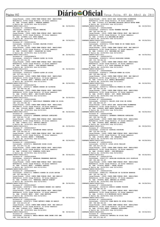 Página 102                                                 Diário Oficial
        Cargo/Função: (3506) CONTR.TEMP.FUNCAO PROF. HABILITADO
                                                                                                             Te r ç a F e i r a , 0 5 d e A b r i l d e 2 0 11
                                                                                            Cargo/Função: (3476) APOIO ADM. EDUCACIONAL-ELEMENTAR
        Referência: B-001 Carga Horária: 18 horas semanais                                  Referência: A-001 Carga Horária: 30 horas semanais
        Un. Adm: (010448) EEPSG - SENADOR AZEREDO                                           Un. Adm: (131822) E.E.INDIGENA EDUCACAO BASICA BUTSE WAWE
        A Partir de: 14/02/2011 Até 23/12/2011                                              A Partir de: 10/03/2011 Até 23/12/2011
CONTRATO/SEDUC/28411/2011                                        DE:   05/04/2011   CONTRATO/SEDUC/28425/2011                                        DE:   05/04/2011
        Processo Nº: 1000001003820                                                          Processo Nº: 1000001008482
        Contratado: (230468/1) VALDIR PEREIRA                                               Contratado: (230553/1) ELIAS TEPEMRA PARIOWA
        CPF: 008.808.321-77                                                                 CPF: 652.169.891-53
        Cargo/Função: (3506) CONTR.TEMP.FUNCAO PROF. HABILITADO                             Cargo/Função: (3514) CONTR.TEMP.FUNCAO PROF. NAO HABILIT
        Referência: B-001 Carga Horária: 24 horas semanais                                  Referência: B-001 Carga Horária: 21 horas semanais
        Un. Adm: (153885) E.E. NOVA CHANCE                                                  Un. Adm: (119229) E.E.INDIGENA WA’OMORA
        A Partir de: 14/02/2011 Até 23/12/2011                                              A Partir de: 14/02/2011 Até 23/12/2011
CONTRATO/SEDUC/28412/2011                                        DE:   05/04/2011   CONTRATO/SEDUC/28426/2011                                        DE:   05/04/2011
        Processo Nº: 1000001002181                                                          Processo Nº: 1000001005085
        Contratado: (230469/1) SILVANI DELFINA FICHIO                                       Contratado: (230554/1) VITOR TSERE RU RU TSERE RAIHI
        CPF: 011.635.641-33                                                                 CPF: 043.838.841-05
        Cargo/Função: (3506) CONTR.TEMP.FUNCAO PROF. HABILITADO                             Cargo/Função: (3514) CONTR.TEMP.FUNCAO PROF. NAO HABILIT
        Referência: B-001 Carga Horária: 16 horas semanais                                  Referência: A-001 Carga Horária: 12 horas semanais
        Un. Adm: (014850) EEPG - CELESTINO DA COSTA                                         Un. Adm: (156361) E.E. INDIGENA RAI RATE
        A Partir de: 14/02/2011 Até 21/03/2011                                              A Partir de: 14/02/2011 Até 23/12/2011
CONTRATO/SEDUC/28413/2011                                        DE:   05/04/2011   CONTRATO/SEDUC/28427/2011                                        DE:   05/04/2011
        Processo Nº: 1000000989476                                                          Processo Nº: 1000001002713
        Contratado: (230470/1) CLADEIR ALVES DA SILVA                                       Contratado: (230555/1) ODILIA RODRIGUES BORGES
        CPF: 017.472.161-78                                                                 CPF: 531.738.051-00
        Cargo/Função: (3506) CONTR.TEMP.FUNCAO PROF. HABILITADO                             Cargo/Função: (3506) CONTR.TEMP.FUNCAO PROF. HABILITADO
        Referência: B-001 Carga Horária: 12 horas semanais                                  Referência: B-001 Carga Horária: 20 horas semanais
        Un. Adm: (014982) EEPSG - JOAO MATHEUS BARBOSA                                      Un. Adm: (153877) E.E. ROSA DOMINGAS DE JESUS
        A Partir de: 14/02/2011 Até 23/12/2011                                              A Partir de: 14/02/2011 Até 23/12/2011
CONTRATO/SEDUC/28414/2011                                        DE:   05/04/2011   CONTRATO/SEDUC/28428/2011                                        DE:   05/04/2011
        Processo Nº: 1000000982055                                                          Processo Nº: 1000000996281
        Contratado: (230470/2) CLADEIR ALVES DA SILVA                                       Contratado: (230556/1) IVONILDE NUNES DA SILVA
        CPF: 017.472.161-78                                                                 CPF: 933.684.299-49
        Cargo/Função: (3506) CONTR.TEMP.FUNCAO PROF. HABILITADO                             Cargo/Função: (3514) CONTR.TEMP.FUNCAO PROF. NAO HABILIT
        Referência: B-001 Carga Horária: 14 horas semanais                                  Referência: B-001 Carga Horária: 27 horas semanais
        Un. Adm: (014958) EEPG - ANTONIO JOSE DE LIMA                                       Un. Adm: (155110) E.E. ANGELO MELHORANÇA
        A Partir de: 14/02/2011 Até 23/12/2011                                              A Partir de: 14/02/2011 Até 23/12/2011
CONTRATO/SEDUC/28415/2011                                        DE:   05/04/2011   CONTRATO/SEDUC/28429/2011                                        DE:   05/04/2011
        Processo Nº: 1000001004779                                                          Processo Nº: 1000001004514
        Contratado: (230471/1) RENATA BORGES DE OLIVEIRA                                    Contratado: (230557/1) PATRICIA FRANCA DA COSTA
        CPF: 001.900.541-58                                                                 CPF: 921.625.251-00
        Cargo/Função: (3506) CONTR.TEMP.FUNCAO PROF. HABILITADO                             Cargo/Função: (3506) CONTR.TEMP.FUNCAO PROF. HABILITADO
        Referência: B-001 Carga Horária: 20 horas semanais                                  Referência: B-001 Carga Horária: 20 horas semanais
        Un. Adm: (014931) EEPG - SEN FILINTO MULLER                                         Un. Adm: (012807) EEPSG - GOV. PEDRO PEDROSIAN
        A Partir de: 05/03/2011 Até 23/12/2011                                              A Partir de: 14/02/2011 Até 23/12/2011
CONTRATO/SEDUC/28416/2011                                        DE:   05/04/2011   CONTRATO/SEDUC/28430/2011                                        DE:   05/04/2011
        Processo Nº: 1000001002695                                                          Processo Nº: 1000000994991
        Contratado: (230472/1) GREICIELLY FERNANDA GOMES DA SILVA                           Contratado: (230560/1) FELIPE JOSE DIAS DE SOUZA
        CPF: 031.372.991-36                                                                 CPF: 026.969.031-07
        Cargo/Função: (3506) CONTR.TEMP.FUNCAO PROF. HABILITADO                             Cargo/Função: (3476) APOIO ADM. EDUCACIONAL-ELEMENTAR
        Referência: B-001 Carga Horária: 09 horas semanais                                  Referência: A-001 Carga Horária: 30 horas semanais
        Un. Adm: (010189) EEPSG - PADRE JOSE MARIA DO SACRAMENTO                            Un. Adm: (049689) EEPG SANTA TEREZINHA
        A Partir de: 14/02/2011 Até 23/12/2011                                              A Partir de: 01/01/2011 Até 30/01/2011
CONTRATO/SEDUC/28417/2011                                        DE:   05/04/2011   CONTRATO/SEDUC/28431/2011                                        DE:   05/04/2011
        Processo Nº: 1000000998911                                                          Processo Nº: 1000001007280
        Contratado: (230473/1) LENAMARA CARVALHO GONCALVES                                  Contratado: (230608/1) LEONARDO FERREIRA GONCALVES
        CPF: 024.021.711-03                                                                 CPF: 059.792.016-88
        Cargo/Função: (3506) CONTR.TEMP.FUNCAO PROF. HABILITADO                             Cargo/Função: (3506) CONTR.TEMP.FUNCAO PROF. HABILITADO
        Referência: B-001 Carga Horária: 20 horas semanais                                  Referência: B-001 Carga Horária: 27 horas semanais
        Un. Adm: (158810) E.E.” ANTONIO GARCIA”                                             Un. Adm: (063894) EEPG. MENINOS DO FUTURO
        A Partir de: 14/02/2011 Até 23/12/2011                                              A Partir de: 14/02/2011 Até 23/12/2011
CONTRATO/SEDUC/28418/2011                                        DE:   05/04/2011   CONTRATO/SEDUC/28432/2011                                        DE:   05/04/2011
        Processo Nº: 1000001002617                                                          Processo Nº: 1000001007522
        Contratado: (230474/1) ROSIMEIRE PRADO AGUIAR                                       Contratado: (23366/16) ELFRIDA SCHIELKE
        CPF: 378.183.251-15                                                                 CPF: 212.267.419-91
        Cargo/Função: (3514) CONTR.TEMP.FUNCAO PROF. NAO HABILIT                            Cargo/Função: (3506) CONTR.TEMP.FUNCAO PROF. HABILITADO
        Referência: A-001 Carga Horária: 30 horas semanais                                  Referência: C-001 Carga Horária: 08 horas semanais
        Un. Adm: (011002) EEPSG - PINDORAMA                                                 Un. Adm: (014630) EEPG - PE. EZEQUIEL RAMIN
        A Partir de: 22/03/2011 Até 23/12/2011                                              A Partir de: 01/04/2011 Até 23/12/2011
CONTRATO/SEDUC/28419/2011                                        DE:   05/04/2011   CONTRATO/SEDUC/28433/2011                                        DE:   05/04/2011
        Processo Nº: 1000000999021                                                          Processo Nº: 1000001005012
        Contratado: (230475/1) MARLEIDES SOUSA SILVA                                        Contratado: (23390/5) LUIZA LUCIA VASILUK
        CPF: 971.877.711-34                                                                 CPF: 255.615.371-72
        Cargo/Função: (3506) CONTR.TEMP.FUNCAO PROF. HABILITADO                             Cargo/Função: (3506) CONTR.TEMP.FUNCAO PROF. HABILITADO
        Referência: B-001 Carga Horária: 20 horas semanais                                  Referência: B-001 Carga Horária: 08 horas semanais
        Un. Adm: (158348) E.E. ROBERVAL COSTA REIS                                          Un. Adm: (014940) EEPSG - DOM WUNIBALDO
        A Partir de: 14/02/2011 Até 23/12/2011                                              A Partir de: 14/02/2011 Até 23/12/2011
CONTRATO/SEDUC/28420/2011                                        DE:   05/04/2011   CONTRATO/SEDUC/28434/2011                                        DE:   05/04/2011
        Processo Nº: 1000001003849                                                          Processo Nº: 1000001007709
        Contratado: (230476/1) ANDRESSA FERNANDES MARTINS                                   Contratado: (25637/37) ORCELINA MIGUELINA LUIZ SCATOLIN
        CPF: 031.134.371-64                                                                 CPF: 461.082.701-87
        Cargo/Função: (3506) CONTR.TEMP.FUNCAO PROF. HABILITADO                             Cargo/Função: (3506) CONTR.TEMP.FUNCAO PROF. HABILITADO
        Referência: B-001 Carga Horária: 09 horas semanais                                  Referência: B-001 Carga Horária: 02 horas semanais
        Un. Adm: (015253) EEPG - LOURENCO PERUCHI                                           Un. Adm: (016209) EEPSG - PADRE THIAGO
        A Partir de: 14/03/2011 Até 23/12/2011                                              A Partir de: 14/02/2011 Até 23/12/2011
CONTRATO/SEDUC/28421/2011                                        DE:   05/04/2011   CONTRATO/SEDUC/28435/2011                                        DE:   05/04/2011
        Processo Nº: 1000000998275                                                          Processo Nº: 1000001007291
        Contratado: (230477/1) DAMARIS SOARES DA SILVA AGUIAR                               Contratado: (26861/21) VALDELINO DE OLIVEIRA BARBOSA
        CPF: 007.429.891-78                                                                 CPF: 393.747.691-15
        Cargo/Função: (3514) CONTR.TEMP.FUNCAO PROF. NAO HABILIT                            Cargo/Função: (3506) CONTR.TEMP.FUNCAO PROF. HABILITADO
        Referência: B-001 Carga Horária: 30 horas semanais                                  Referência: B-001 Carga Horária: 27 horas semanais
        Un. Adm: (156680) E.E. “MARECHAL CÂNDIDO RONDON”                                    Un. Adm: (063894) EEPG. MENINOS DO FUTURO
        A Partir de: 14/02/2011 Até 23/12/2011                                              A Partir de: 14/02/2011 Até 23/12/2011
CONTRATO/SEDUC/28422/2011                                        DE:   05/04/2011   CONTRATO/SEDUC/28436/2011                                        DE:   05/04/2011
        Processo Nº: 1000001005627                                                          Processo Nº: 1000001006723
        Contratado: (230478/1) HUGO LEONARDO MORENO DOS SANTOS                              Contratado: (31036/12) EUNICE CARMEN TSCHOPE
        CPF: 270.112.128-09                                                                 CPF: 458.890.401-97
        Cargo/Função: (3506) CONTR.TEMP.FUNCAO PROF. HABILITADO                             Cargo/Função: (3506) CONTR.TEMP.FUNCAO PROF. HABILITADO
        Referência: B-001 Carga Horária: 12 horas semanais                                  Referência: B-001 Carga Horária: 20 horas semanais
        Un. Adm: (016020) EEPG - PROF. JOAO BATISTA                                         Un. Adm: (114561) E.E.PROFESSOR ELCIO PRATES
        A Partir de: 14/02/2011 Até 23/12/2011                                              A Partir de: 14/02/2011 Até 23/12/2011
CONTRATO/SEDUC/28423/2011                                        DE:   05/04/2011   CONTRATO/SEDUC/28437/2011                                        DE:   05/04/2011
        Processo Nº: 1000001003292                                                          Processo Nº: 1000001008729
        Contratado: (230479/1) TIAGO ANTONIO GOMES DE ARAUJO                                Contratado: (31814/22) ELMA MARIA DE SOUSA VILELA
        CPF: 018.516.471-47                                                                 CPF: 790.946.351-00
        Cargo/Função: (3514) CONTR.TEMP.FUNCAO PROF. NAO HABILIT                            Cargo/Função: (3506) CONTR.TEMP.FUNCAO PROF. HABILITADO
        Referência: A-001 Carga Horária: 21 horas semanais                                  Referência: B-001 Carga Horária: 03 horas semanais
        Un. Adm: (160040) E.E. “TERRA NOVA”                                                 Un. Adm: (011525) EEPG - FEBRONIO RODRIGUES
        A Partir de: 14/03/2011 Até 23/12/2011                                              A Partir de: 14/02/2011 Até 23/12/2011
CONTRATO/SEDUC/28424/2011                                        DE:   05/04/2011   CONTRATO/SEDUC/28438/2011                                        DE:   05/04/2011
        Processo Nº: 1000001003334                                                          Processo Nº: 1000001006070
        Contratado: (230550/1) MARIA MERCES REWA OBOWE PINI AWE                             Contratado: (33380/35) ANTONIA DA SILVA VALE
        CPF: 036.546.461-90                                                                 CPF: 655.573.441-87
 