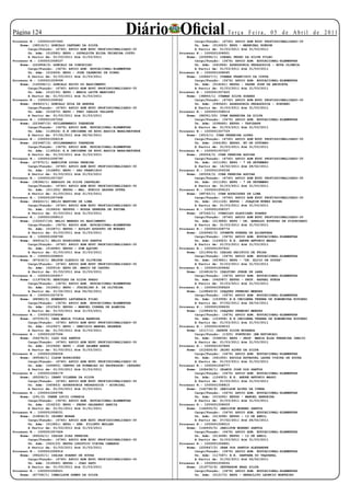 Página 12
Processo N.: 1000001007493
                                                          Diário Oficial                      Te r ç a F e i r a , 0 5 d e A b r i l d e 2 0 11
                                                                             Cargo/Função: (4740) APOIO ADM EDUC PROFISSIONALIZADO-30
    Nome: (38516/1) GONCALO CAETANO DA SILVA                                 Un. Adm: (012653) EEPG - MARECHAL RONDON
        Cargo/Função: (4740) APOIO ADM EDUC PROFISSIONALIZADO-30             A Partir de: 01/03/2011 Até 31/03/2011
        Un. Adm: (012580) EEPG - OSVALDITA ELIZA TEIXEIRA COUTO      Processo N.: 1000001008501
        A Partir de: 01/03/2011 Até 31/03/2011                           Nome: (226996/1) ISRAEL PEDRO DA SILVA FILHO
Processo N.: 1000001008537                                                   Cargo/Função: (3476) APOIO ADM. EDUCACIONAL-ELEMENTAR
    Nome: (220858/2) GONCALO DA CONCEICAO                                    Un. Adm: (041866) ASSESSORIA PEDAGOGICA - NOVA OLIMPIA
        Cargo/Função: (3476) APOIO ADM. EDUCACIONAL-ELEMENTAR                A Partir de: 01/03/2011 Até 31/03/2011
        Un. Adm: (012459) EEPG - JOSE CASEMIRO DE PINHO              Processo N.: 1000001008065
        A Partir de: 01/03/2011 Até 31/03/2011                           Nome: (228427/1) ITAMAR FRANCISCO DA COSTA
Processo N.: 1000001009099                                                   Cargo/Função: (3476) APOIO ADM. EDUCACIONAL-ELEMENTAR
    Nome: (100092/1) GONCALO EGITO DO NASCIMENTO                             Un. Adm: (016241) EEPSG - PADRE JOSE DE ANCHIETA
        Cargo/Função: (4740) APOIO ADM EDUC PROFISSIONALIZADO-30             A Partir de: 01/03/2011 Até 31/03/2011
        Un. Adm: (012130) EEPG - MARIA LEITE MARCOSKI                Processo N.: 1000001007425
        A Partir de: 01/03/2011 Até 31/03/2011                           Nome: (38850/1) ITAMAR SILVA SOARES
Processo N.: 1000001008562                                                   Cargo/Função: (4740) APOIO ADM EDUC PROFISSIONALIZADO-30
    Nome: (84923/1) GONCALO GUIA DE ARRUDA                                   Un. Adm: (040622) ASSESSORIA PEDAGOGICA - POXOREO
        Cargo/Função: (4740) APOIO ADM EDUC PROFISSIONALIZADO-30             A Partir de: 01/03/2011 Até 31/03/2011
        Un. Adm: (012670) EEPG - FREI CARLOS VALLETE                 Processo N.: 1000001008014
        A Partir de: 01/03/2011 Até 31/03/2011                           Nome: (88351/20) IVAN BARREIRA DA SILVA
Processo N.: 1000001007262                                                   Cargo/Função: (3476) APOIO ADM. EDUCACIONAL-ELEMENTAR
    Nome: (223487/2) GUILHERMANIO TSEREDZE                                   Un. Adm: (038660) EEPSG - TAPIRAPE
        Cargo/Função: (3476) APOIO ADM. EDUCACIONAL-ELEMENTAR                A Partir de: 01/03/2011 Até 31/03/2011
        Un. Adm: (118524) E.E INDIGENA DE EDUC.BASICA MARAIWATSEDE   Processo N.: 1000001007729
        A Partir de: 07/02/2011 Até 28/02/2011                           Nome: (3510/1) IVAN FERREIRA LOPES
Processo N.: 1000001008218                                                   Cargo/Função: (4740) APOIO ADM EDUC PROFISSIONALIZADO-30
    Nome: (223487/2) GUILHERMANIO TSEREDZE                                   Un. Adm: (044180) EEPSG. XV DE OUTUBRO
        Cargo/Função: (3476) APOIO ADM. EDUCACIONAL-ELEMENTAR                A Partir de: 01/03/2011 Até 31/03/2011
        Un. Adm: (118524) E.E INDIGENA DE EDUC.BASICA MARAIWATSEDE   Processo N.: 1000001007027
        A Partir de: 01/03/2011 Até 31/03/2011                           Nome: (65554/3) IVAN PEREIRA AGUIAR
Processo N.: 1000001008790                                                   Cargo/Função: (4740) APOIO ADM EDUC PROFISSIONALIZADO-30
    Nome: (27975/1) HAMILTON LUCAS PEREIRA                                   Un. Adm: (011185) EEPG - 7 DE SETEMBRO
        Cargo/Função: (4740) APOIO ADM EDUC PROFISSIONALIZADO-30             A Partir de: 14/02/2011 Até 28/02/2011
        Un. Adm: (014885) EEPG - SAO FRANCISCO                       Processo N.: 1000001009338
        A Partir de: 01/03/2011 Até 31/03/2011                           Nome: (65554/3) IVAN PEREIRA AGUIAR
Processo N.: 1000001007347                                                   Cargo/Função: (4740) APOIO ADM EDUC PROFISSIONALIZADO-30
    Nome: (38386/1) HAROLDO DA SILVA CARVALHO                                Un. Adm: (011185) EEPG - 7 DE SETEMBRO
        Cargo/Função: (4740) APOIO ADM EDUC PROFISSIONALIZADO-30             A Partir de: 01/03/2011 Até 31/03/2011
        Un. Adm: (011355) EEPSG - MAL. EURICO GASPAR DUTRA           Processo N.: 1000001009123
        A Partir de: 01/03/2011 Até 31/03/2011                           Nome: (88765/1) IVAN RODRIGUES DE LIMA
Processo N.: 1000001007498                                                   Cargo/Função: (4740) APOIO ADM EDUC PROFISSIONALIZADO-30
    Nome: (84422/1) HELIO MARTINS DE LIMA                                    Un. Adm: (011126) EEPSG - JOAQUIM NUNES ROCHA
        Cargo/Função: (4740) APOIO ADM EDUC PROFISSIONALIZADO-30             A Partir de: 01/03/2011 Até 31/03/2011
        Un. Adm: (016624) EESPSG - NOSSA SENHORA DE FATIMA           Processo N.: 1000001008337
        A Partir de: 01/03/2011 Até 31/03/2011                           Nome: (87242/1) IVANILDO GLAUCIANO SOARES
Processo N.: 1000001008513                                                   Cargo/Função: (4740) APOIO ADM EDUC PROFISSIONALIZADO-30
    Nome: (100437/18) HELIO MENDES DO NASCIMENTO                             Un. Adm: (013889) EEPG - DR. ARNALDO ESTEVAO DE FIGUEIREDO
        Cargo/Função: (3476) APOIO ADM. EDUCACIONAL-ELEMENTAR                A Partir de: 01/03/2011 Até 31/03/2011
        Un. Adm: (010871) EEPSG - ADOLFO AUGUSTO DE MORAES           Processo N.: 1000001008774
        A Partir de: 01/03/2011 Até 31/03/2011                           Nome: (224945/3) IVONETE GUERRA DE ALCANTARA
Processo N.: 1000001008799                                                   Cargo/Função: (3476) APOIO ADM. EDUCACIONAL-ELEMENTAR
    Nome: (84914/1) HELIO RODRIGUES DOS SANTOS                               Un. Adm: (124923) E.E. ANDRE ANTONIO MAGGI
        Cargo/Função: (4740) APOIO ADM EDUC PROFISSIONALIZADO-30             A Partir de: 01/03/2011 Até 31/03/2011
        Un. Adm: (016080) EEPSG - DOM AQUINO                         Processo N.: 1000001007431
        A Partir de: 01/03/2011 Até 31/03/2011                           Nome: (211904/4) IZAIAS PACIFICO DE FRIAS
Processo N.: 1000001008803                                                   Cargo/Função: (3476) APOIO ADM. EDUCACIONAL-ELEMENTAR
    Nome: (87418/1) HELTON CLAUDIO DE OLIVEIRA                               Un. Adm: (023841) EEPG - “DR. ELCIO DE SOUZA”
        Cargo/Função: (4740) APOIO ADM EDUC PROFISSIONALIZADO-30             A Partir de: 01/03/2011 Até 31/03/2011
        Un. Adm: (020516) EEPG DR. MARIO DE CASTRO                   Processo N.: 1000001009492
        A Partir de: 01/03/2011 Até 31/03/2011                           Nome: (216818/3) IZALTINO JORGE DE LARA
Processo N.: 1000001006917                                                   Cargo/Função: (3476) APOIO ADM. EDUCACIONAL-ELEMENTAR
    Nome: (119706/8) HERCULES DA SILVA PRADO                                 Un. Adm: (042587) EEPSG - PROF. RAFAEL RUEDA
        Cargo/Função: (3476) APOIO ADM. EDUCACIONAL-ELEMENTAR                A Partir de: 01/03/2011 Até 31/03/2011
        Un. Adm: (012661) EEPG - JUSCELINO K. DE OLIVEIRA            Processo N.: 1000001008629
        A Partir de: 01/02/2011 Até 06/02/2011                           Nome: (129849/6) IZAQUES FERMINO MENDES
Processo N.: 1000001007479                                                   Cargo/Função: (3476) APOIO ADM. EDUCACIONAL-ELEMENTAR
    Nome: (88980/3) HUMBERTO LATORRACA FILHO                                 Un. Adm: (153958) E.E.INDIGENA TERENA DE KOMOMOYEA KOVOERO
        Cargo/Função: (3476) APOIO ADM. EDUCACIONAL-ELEMENTAR                A Partir de: 07/02/2011 Até 28/02/2011
        Un. Adm: (012343) EEPSG - MANOEL CORREA DE ALMEIDA           Processo N.: 1000001008630
        A Partir de: 01/03/2011 Até 31/03/2011                           Nome: (129849/6) IZAQUES FERMINO MENDES
Processo N.: 1000001008666                                                   Cargo/Função: (3476) APOIO ADM. EDUCACIONAL-ELEMENTAR
    Nome: (67035/5) IARA MARIA VILELA BARBOSA                                Un. Adm: (153958) E.E.INDIGENA TERENA DE KOMOMOYEA KOVOERO
        Cargo/Função: (4740) APOIO ADM EDUC PROFISSIONALIZADO-30             A Partir de: 01/03/2011 Até 31/03/2011
        Un. Adm: (012947) EEPG - ONECIDIO MANOEL RESENDE             Processo N.: 1000001009033
        A Partir de: 01/03/2011 Até 31/03/2011                           Nome: (2117/1) JAFETE SILVA MIRANDA
Processo N.: 1000001007594                                                   Cargo/Função: (1325) PORTEIRO (EM EXTINCAO)
    Nome: (56278/2) ILDO DOS SANTOS                                          Un. Adm: (038636) EEPG - PROF. MARIA ELZA FERREIRA INACIO
        Cargo/Função: (4740) APOIO ADM EDUC PROFISSIONALIZADO-30             A Partir de: 01/03/2011 Até 31/03/2011
        Un. Adm: (010928) EEPG - JOSE SALMEN HANZE                   Processo N.: 1000001007869
        A Partir de: 01/03/2011 Até 31/03/2011                           Nome: (212626/8) JAIRO ALVES DA SILVA
Processo N.: 1000001008056                                                   Cargo/Função: (3476) APOIO ADM. EDUCACIONAL-ELEMENTAR
    Nome: (89548/1) ILSON RODRIGUES                                          Un. Adm: (061450) ESCOLA ESTADUAL LAURA VIEIRA DE SOUZA
        Cargo/Função: (4740) APOIO ADM EDUC PROFISSIONALIZADO-30             A Partir de: 01/03/2011 Até 31/03/2011
        Un. Adm: (049905) CENTRO DE FORMACAO DO PROFESSOR- CEFAPRO   Processo N.: 1000001008777
        A Partir de: 01/03/2011 Até 31/03/2011                           Nome: (228438/1) JALMIR JOSE DOS SANTOS
Processo N.: 1000001008179                                                   Cargo/Função: (3476) APOIO ADM. EDUCACIONAL-ELEMENTAR
    Nome: (85008/1) IRANY VILHENA DA SILVA                                   Un. Adm: (124923) E.E. ANDRE ANTONIO MAGGI
        Cargo/Função: (4740) APOIO ADM EDUC PROFISSIONALIZADO-30             A Partir de: 01/03/2011 Até 31/03/2011
        Un. Adm: (040843) ASSESSORIA PEDAGOGICA - ACORIZAL           Processo N.: 1000001008815
        A Partir de: 01/03/2011 Até 31/03/2011                           Nome: (142798/8) JANILSON ALVES DA CUNHA
Processo N.: 1000001006798                                                   Cargo/Função: (3476) APOIO ADM. EDUCACIONAL-ELEMENTAR
    Nome: (291/2) IRENE LUCIO CORREIA                                        Un. Adm: (015490) EEPSG - MANOEL BANDEIRA
        Cargo/Função: (3476) APOIO ADM. EDUCACIONAL-ELEMENTAR                A Partir de: 01/03/2011 Até 31/03/2011
        Un. Adm: (016233) EEPG - PEDRO GALHARDO GARCIA               Processo N.: 1000001008009
        A Partir de: 01/01/2011 Até 31/01/2011                           Nome: (144935/5) JANILTON MORENO SANTOS
Processo N.: 1000001008031                                                   Cargo/Função: (3476) APOIO ADM. EDUCACIONAL-ELEMENTAR
    Nome: (53858/3) IRINEU MORAN                                             Un. Adm: (013498) EEPSG - 12 DE ABRIL
        Cargo/Função: (4740) APOIO ADM EDUC PROFISSIONALIZADO-30             A Partir de: 07/02/2011 Até 28/02/2011
        Un. Adm: (013951) EEPG - SEN. FILINTO MULLER                 Processo N.: 1000001008010
        A Partir de: 01/03/2011 Até 31/03/2011                           Nome: (144935/5) JANILTON MORENO SANTOS
Processo N.: 1000001007664                                                   Cargo/Função: (3476) APOIO ADM. EDUCACIONAL-ELEMENTAR
    Nome: (89524/1) ISAIAS DIAS PEREIRA                                      Un. Adm: (013498) EEPSG - 12 DE ABRIL
        Cargo/Função: (4740) APOIO ADM EDUC PROFISSIONALIZADO-30             A Partir de: 01/03/2011 Até 31/03/2011
        Un. Adm: (043133) EEPSG LUDOVICO VIEIRA CAMARGO              Processo N.: 1000001006861
        A Partir de: 01/03/2011 Até 31/03/2011                           Nome: (220847/2) JEAN DOS SANTOS ALEXANDRE
Processo N.: 1000001008916                                                   Cargo/Função: (3476) APOIO ADM. EDUCACIONAL-ELEMENTAR
    Nome: (99220/1) ISAIAS SOARES DE SOUZA                                   Un. Adm: (117587) E.E. SANTANA DO TAQUARAL
        Cargo/Função: (4740) APOIO ADM EDUC PROFISSIONALIZADO-30             A Partir de: 01/02/2011 Até 06/02/2011
        Un. Adm: (016560) EEPSG - JOAO SATO                          Processo N.: 1000001009250
        A Partir de: 01/03/2011 Até 31/03/2011                           Nome: (219772/4) JEFFERSON BRAZ SILVA
Processo N.: 1000001008521                                                   Cargo/Função: (3476) APOIO ADM. EDUCACIONAL-ELEMENTAR
    Nome: (87708/1) ISMAILSON GOMES DA SILVA                                 Un. Adm: (012173) EEPG - HERACLITO LEONCIO MONTEIRO
 