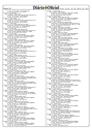 Página 12
        Un. Adm: (013013) EEPSG - SAO DOMINGOS SAVIO
                                                          Diário Oficial                      Te r ç a F e i r a , 0 5 d e A b r i l d e 2 0 11
                                                                     Processo N.: 1000001008001
        A Partir de: 01/03/2011 Até 31/03/2011                           Nome: (219656/5) JONAS FERREIRA
Processo N.: 1000000959806                                                   Cargo/Função: (3476) APOIO ADM. EDUCACIONAL-ELEMENTAR
    Nome: (85096/1) JOAQUIM PICOLO                                           Un. Adm: (154695) E.E. TARSILA DO AMARAL
        Cargo/Função: (4740) APOIO ADM EDUC PROFISSIONALIZADO-30             A Partir de: 01/03/2011 Até 31/03/2011
        Un. Adm: (011460) EEPG - JARDIM ARAGUAIA                     Processo N.: 1000001009410
        A Partir de: 01/12/2010 Até 31/12/2010                           Nome: (88985/20) JONIAS ACACIO DA SILVA
Processo N.: 1000001008316                                                   Cargo/Função: (3476) APOIO ADM. EDUCACIONAL-ELEMENTAR
    Nome: (85096/1) JOAQUIM PICOLO                                           Un. Adm: (010243) EEPSG - CEL. RAFAEL DE SIQUEIRA
        Cargo/Função: (4740) APOIO ADM EDUC PROFISSIONALIZADO-30             A Partir de: 01/03/2011 Até 31/03/2011
        Un. Adm: (011460) EEPG - JARDIM ARAGUAIA                     Processo N.: 1000001008472
        A Partir de: 01/03/2011 Até 31/03/2011                           Nome: (87115/1) JONY BENEDITO FERREIRA GOMES
Processo N.: 1000001008690                                                   Cargo/Função: (4740) APOIO ADM EDUC PROFISSIONALIZADO-30
    Nome: (77777/2) JOAQUIM RODRIGUES DE OLIVEIRA                            Un. Adm: (012238) ESCOLA ESTADUAL PROF. MARIA DA C. BRUNO
        Cargo/Função: (4740) APOIO ADM EDUC PROFISSIONALIZADO-30             A Partir de: 01/03/2011 Até 31/03/2011
        Un. Adm: (015334) EEPG - IR. LUCINDA FACHINI                 Processo N.: 1000001008982
        A Partir de: 01/03/2011 Até 31/03/2011                           Nome: (143792/5) JORGE GOMES DE ALCANTARA
Processo N.: 1000001008671                                                   Cargo/Função: (3476) APOIO ADM. EDUCACIONAL-ELEMENTAR
    Nome: (87715/1) JOAQUIM ROQUE PINHEIRO NETO                              Un. Adm: (012939) EEPG - MARIA AUXILIADORA
        Cargo/Função: (4740) APOIO ADM EDUC PROFISSIONALIZADO-30             A Partir de: 01/03/2011 Até 31/03/2011
        Un. Adm: (040525) ASSESSORIA PEDAGOGICA - POCONE             Processo N.: 1000001008261
        A Partir de: 01/03/2011 Até 31/03/2011                           Nome: (211698/5) JORGE LUIZ CUSTODIO
Processo N.: 1000001005679                                                   Cargo/Função: (3476) APOIO ADM. EDUCACIONAL-ELEMENTAR
    Nome: (226146/1) JOAQUIM VICENTE MARQUES                                 Un. Adm: (096784) E.E. REINALDO DUTRA VILARINHO
        Cargo/Função: (3476) APOIO ADM. EDUCACIONAL-ELEMENTAR                A Partir de: 01/03/2011 Até 31/03/2011
        Un. Adm: (013170) EEPSG - DEP. JOAO EVARISTO CURVO           Processo N.: 1000001009435
        A Partir de: 01/01/2011 Até 31/01/2011                           Nome: (220610/3) JORGE ROCHA MEDRADO FERREIRA
Processo N.: 1000001005686                                                   Cargo/Função: (3476) APOIO ADM. EDUCACIONAL-ELEMENTAR
    Nome: (226146/1) JOAQUIM VICENTE MARQUES                                 Un. Adm: (049646) EEPG PAULO FREIRE
        Cargo/Função: (3476) APOIO ADM. EDUCACIONAL-ELEMENTAR                A Partir de: 01/03/2011 Até 31/03/2011
        Un. Adm: (013170) EEPSG - DEP. JOAO EVARISTO CURVO           Processo N.: 1000001008814
        A Partir de: 01/02/2011 Até 06/02/2011                           Nome: (212935/5) JORGE SOARES BARBOSA
Processo N.: 1000001008607                                                   Cargo/Função: (3476) APOIO ADM. EDUCACIONAL-ELEMENTAR
    Nome: (91587/19) JOAREIS DOS REIS                                        Un. Adm: (015938) EEPG - PEDRO ALBERTO TAYANO
        Cargo/Função: (3476) APOIO ADM. EDUCACIONAL-ELEMENTAR                A Partir de: 01/03/2011 Até 31/03/2011
        Un. Adm: (009865) EEPSG - ALICE FONTES PINHEIRO              Processo N.: 1000001008414
        A Partir de: 01/03/2011 Até 31/03/2011                           Nome: (138953/9) JOSE ANTONIO DA SILVA SANTOS
Processo N.: 1000000961167                                                   Cargo/Função: (3476) APOIO ADM. EDUCACIONAL-ELEMENTAR
    Nome: (93085/2) JOCIMAR RODRIGUES DA SILVA                               Un. Adm: (154040) E.E. ANDRE ANTONIO MAGGI
        Cargo/Função: (4740) APOIO ADM EDUC PROFISSIONALIZADO-30             A Partir de: 07/02/2011 Até 28/02/2011
        Un. Adm: (012793) E.E. - 25 DE JUNHO                         Processo N.: 1000001008417
        A Partir de: 01/12/2010 Até 31/12/2010                           Nome: (138953/9) JOSE ANTONIO DA SILVA SANTOS
Processo N.: 1000001007601                                                   Cargo/Função: (3476) APOIO ADM. EDUCACIONAL-ELEMENTAR
    Nome: (93085/2) JOCIMAR RODRIGUES DA SILVA                               Un. Adm: (154040) E.E. ANDRE ANTONIO MAGGI
        Cargo/Função: (4740) APOIO ADM EDUC PROFISSIONALIZADO-30             A Partir de: 01/03/2011 Até 31/03/2011
        Un. Adm: (012793) E.E. - 25 DE JUNHO                         Processo N.: 1000001009454
        A Partir de: 01/03/2011 Até 31/03/2011                           Nome: (225901/1) JOSE ANTONIO DE MOURA
Processo N.: 1000001007389                                                   Cargo/Função: (3476) APOIO ADM. EDUCACIONAL-ELEMENTAR
    Nome: (228280/1) JOEL BENTO DE OLIVEIRA                                  Un. Adm: (009709) EEPSG - MARIANA LUIZA MOREIRA
        Cargo/Função: (3476) APOIO ADM. EDUCACIONAL-ELEMENTAR                A Partir de: 01/03/2011 Até 31/03/2011
        Un. Adm: (012386) E.E. BENEDITA AUGUSTA LEMES                Processo N.: 1000001007356
        A Partir de: 01/03/2011 Até 11/03/2011                           Nome: (69717/26) JOSE ANTONIO FILHO
Processo N.: 1000001007391                                                   Cargo/Função: (3476) APOIO ADM. EDUCACIONAL-ELEMENTAR
    Nome: (228280/2) JOEL BENTO DE OLIVEIRA                                  Un. Adm: (013226) EEPG - DR. JOSE GENTIL DA SILVA
        Cargo/Função: (3476) APOIO ADM. EDUCACIONAL-ELEMENTAR                A Partir de: 01/03/2011 Até 31/03/2011
        Un. Adm: (012386) E.E. BENEDITA AUGUSTA LEMES                Processo N.: 1000001007420
        A Partir de: 14/03/2011 Até 31/03/2011                           Nome: (204291/8) JOSE ANTONIO LUIZ
Processo N.: 1000001007378                                                   Cargo/Função: (3476) APOIO ADM. EDUCACIONAL-ELEMENTAR
    Nome: (85776/1) JOEL CONRADO DE OLIVEIRA                                 Un. Adm: (015547) EEPG - DOM BOSCO
        Cargo/Função: (3476) APOIO ADM. EDUCACIONAL-ELEMENTAR                A Partir de: 01/03/2011 Até 31/03/2011
        Un. Adm: (010448) EEPSG - SENADOR AZEREDO                    Processo N.: 1000001008748
        A Partir de: 01/03/2011 Até 31/03/2011                           Nome: (204610/6) JOSE ANTONIO REIS
Processo N.: 1000001007181                                                   Cargo/Função: (3476) APOIO ADM. EDUCACIONAL-ELEMENTAR
    Nome: (138164/9) JOEL JORGE DE SOUZA                                     Un. Adm: (013773) EEPG - 29 DE JUNHO
        Cargo/Função: (3476) APOIO ADM. EDUCACIONAL-ELEMENTAR                A Partir de: 01/03/2011 Até 31/03/2011
        Un. Adm: (049921) CENTRO DE FORMACAO DO PROFESSOR CEFAPRO    Processo N.: 1000001009281
        A Partir de: 15/02/2011 Até 28/02/2011                           Nome: (85318/1) JOSE APARECIDO CELESTINO
Processo N.: 1000001007465                                                   Cargo/Função: (4740) APOIO ADM EDUC PROFISSIONALIZADO-30
    Nome: (138164/9) JOEL JORGE DE SOUZA                                     Un. Adm: (041106) ASSESSORIA PEDAGOGICA - PORTO DOS GAUCHO
        Cargo/Função: (3476) APOIO ADM. EDUCACIONAL-ELEMENTAR                A Partir de: 01/03/2011 Até 31/03/2011
        Un. Adm: (049921) CENTRO DE FORMACAO DO PROFESSOR CEFAPRO    Processo N.: 1000001009324
        A Partir de: 01/03/2011 Até 31/03/2011                           Nome: (201069/7) JOSE APARECIDO MUNIZ DE ARAUJO
Processo N.: 1000001007766                                                   Cargo/Função: (3476) APOIO ADM. EDUCACIONAL-ELEMENTAR
    Nome: (87107/1) JOELSON DE BRITTES JUNIOR                                Un. Adm: (013153) EEPG - CORA CORALINA
        Cargo/Função: (4740) APOIO ADM EDUC PROFISSIONALIZADO-30             A Partir de: 01/03/2011 Até 31/03/2011
        Un. Adm: (009520) EEPSG - ANDRE AVELINO RIBEIRO              Processo N.: 1000001007602
        A Partir de: 01/03/2011 Até 31/03/2011                           Nome: (16373/1) JOSE AQUINO DA CONCEICAO
Processo N.: 1000001007874                                                   Cargo/Função: (1325) PORTEIRO (EM EXTINCAO)
    Nome: (225290/3) JOELSON PEREIRA DE ALMEIDA                              Un. Adm: (012793) E.E. - 25 DE JUNHO
        Cargo/Função: (3476) APOIO ADM. EDUCACIONAL-ELEMENTAR                A Partir de: 01/03/2011 Até 31/03/2011
        Un. Adm: (010731) ESC. EST. DE ENS. ESP.”LIVRE APRENDER”     Processo N.: 1000001007604
        A Partir de: 01/03/2011 Até 31/03/2011                           Nome: (137245/9) JOSE AUGUSTO DE FRANCA
Processo N.: 1000001007460                                                   Cargo/Função: (3476) APOIO ADM. EDUCACIONAL-ELEMENTAR
    Nome: (128000/10) JOELSON PEREIRA VIEIRA                                 Un. Adm: (009482) EEPG - HELIODORO CAPISTRANO
        Cargo/Função: (3476) APOIO ADM. EDUCACIONAL-ELEMENTAR                A Partir de: 01/03/2011 Até 31/03/2011
        Un. Adm: (013641) EEPG - POXOREO                             Processo N.: 1000001008493
        A Partir de: 01/03/2011 Até 31/03/2011                           Nome: (226620/1) JOSE AUGUSTO TALON MORAES
Processo N.: 1000001008531                                                   Cargo/Função: (3476) APOIO ADM. EDUCACIONAL-ELEMENTAR
    Nome: (228377/1) JOEMAR JOSE DE ALMEIDA GODOY                            Un. Adm: (044180) EEPSG. XV DE OUTUBRO
        Cargo/Função: (3476) APOIO ADM. EDUCACIONAL-ELEMENTAR                A Partir de: 01/03/2011 Até 31/03/2011
        Un. Adm: (163643) E.E. “CASTRO ALVES”                        Processo N.: 1000001009098
        A Partir de: 01/03/2011 Até 31/03/2011                           Nome: (226193/2) JOSE BAIA DE OLIVEIRA
Processo N.: 1000001007832                                                   Cargo/Função: (3476) APOIO ADM. EDUCACIONAL-ELEMENTAR
    Nome: (78722/24) JOENIL EUCARIS DOS SANTOS                               Un. Adm: (015350) EEPG - SERRA AZUL
        Cargo/Função: (3476) APOIO ADM. EDUCACIONAL-ELEMENTAR                A Partir de: 01/03/2011 Até 31/03/2011
        Un. Adm: (010561) EEPSG - GEN. JOSE MACHADO NEVES DA COSTA   Processo N.: 1000001008078
        A Partir de: 01/03/2011 Até 31/03/2011                           Nome: (85183/1) JOSE BARBOSA DOS SANTOS
Processo N.: 1000001005977                                                   Cargo/Função: (4740) APOIO ADM EDUC PROFISSIONALIZADO-30
    Nome: (226296/1) JOENIR DE ARRUDA E SILVA                                Un. Adm: (041963) ASSESSORIA PEDAGOGICA - PORTO ALEGRE DO
        Cargo/Função: (3476) APOIO ADM. EDUCACIONAL-ELEMENTAR                A Partir de: 01/03/2011 Até 31/03/2011
        Un. Adm: (014931) EEPG - SEN FILINTO MULLER                  Processo N.: 1000001007977
        A Partir de: 01/02/2011 Até 06/02/2011                           Nome: (77755/2) JOSE BONIFACIO NEVILE DE ALMEIDA
Processo N.: 1000001008683                                                   Cargo/Função: (4740) APOIO ADM EDUC PROFISSIONALIZADO-30
    Nome: (228586/1) JOHN CLEBER DOS SANTOS                                  Un. Adm: (011010) EEPSG - MARECHAL DUTRA
        Cargo/Função: (3476) APOIO ADM. EDUCACIONAL-ELEMENTAR                A Partir de: 01/03/2011 Até 31/03/2011
        Un. Adm: (010952) EEPG - PROF. EUNICE SOUZA DOS SANTOS       Processo N.: 1000001007150
        A Partir de: 01/03/2011 Até 31/03/2011                           Nome: (222167/2) JOSE CARLOS DA SILVA
Processo N.: 1000001006245                                                   Cargo/Função: (3476) APOIO ADM. EDUCACIONAL-ELEMENTAR
    Nome: (209361/4) JOILSON OLIVEIRA DE CAMPOS                              Un. Adm: (096865) E.E.PROF¿ MARLENE MARQUES DE BARROS
        Cargo/Função: (3476) APOIO ADM. EDUCACIONAL-ELEMENTAR                A Partir de: 01/01/2011 Até 31/01/2011
        Un. Adm: (071765) ESCOLA ESTADUAL “DUNGA RODRIGUES”          Processo N.: 1000001007152
        A Partir de: 01/02/2011 Até 06/02/2011                           Nome: (222167/2) JOSE CARLOS DA SILVA
 