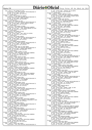 Página 12
    Nome: (85811/1) JOSE SANTANA DA SILVA
                                                          Diário Oficial                      Te r ç a F e i r a , 0 5 d e A b r i l d e 2 0 11
                                                                             Un. Adm: (015296) EEPG - ZEFERINO JOSE DE MATTOS
        Cargo/Função: (4740) APOIO ADM EDUC PROFISSIONALIZADO-30             A Partir de: 01/03/2011 Até 31/03/2011
        Un. Adm: (011657) EEPG - SAO LUIZ                            Processo N.: 1000001008874
        A Partir de: 01/03/2011 Até 31/03/2011                           Nome: (208801/4) JUCINEIA PEREIRA DA SILVA
Processo N.: 1000001008810                                                   Cargo/Função: (3476) APOIO ADM. EDUCACIONAL-ELEMENTAR
    Nome: (31656/1) JOSE SATURNINO DE ALMEIDA                                Un. Adm: (012742) EEPG - MARIA HELENA DE ARAUJO BASTOS
        Cargo/Função: (4740) APOIO ADM EDUC PROFISSIONALIZADO-30             A Partir de: 01/03/2011 Até 31/03/2011
        Un. Adm: (015490) EEPSG - MANOEL BANDEIRA                    Processo N.: 1000001007503
        A Partir de: 01/03/2011 Até 31/03/2011                           Nome: (144873/7) JULIANO ALVES BATISTA
Processo N.: 1000001007349                                                   Cargo/Função: (3476) APOIO ADM. EDUCACIONAL-ELEMENTAR
    Nome: (369/1) JOSE SINOBRE DA CRUZ                                       Un. Adm: (096857) E.E. CHAPEUZINHO VERMELHO
        Cargo/Função: (4740) APOIO ADM EDUC PROFISSIONALIZADO-30             A Partir de: 01/03/2011 Até 31/03/2011
        Un. Adm: (014826) EEPSG - ANTONIO FERREIRA SOBRINHO          Processo N.: 1000001009260
        A Partir de: 01/03/2011 Até 31/03/2011                           Nome: (208851/3) JULIANO OLIVEIRA DOS SANTOS
Processo N.: 1000001008878                                                   Cargo/Função: (3476) APOIO ADM. EDUCACIONAL-ELEMENTAR
    Nome: (223173/3) JOSE TAVARES DA GUARDA                                  Un. Adm: (014362) EEPG - GARCA BRANCA
        Cargo/Função: (3476) APOIO ADM. EDUCACIONAL-ELEMENTAR                A Partir de: 01/03/2011 Até 17/03/2011
        Un. Adm: (011312) CEJA - “ PROF. MARISA MARIANO DA SILVA”    Processo N.: 1000001008063
        A Partir de: 01/03/2011 Até 31/03/2011                           Nome: (144025/5) JULIO CESAR BASSAROTI
Processo N.: 1000001008695                                                   Cargo/Função: (3476) APOIO ADM. EDUCACIONAL-ELEMENTAR
    Nome: (49074/2) JOSE TORRES DA SILVA                                     Un. Adm: (016241) EEPSG - PADRE JOSE DE ANCHIETA
        Cargo/Função: (1503) VIGIA                                           A Partir de: 01/03/2011 Até 31/03/2011
        Un. Adm: (011991) EEPSG - PROF. NADIR DE OLIVEIRA            Processo N.: 1000001008341
        A Partir de: 01/03/2011 Até 31/03/2011                           Nome: (84613/1) JULIO CESAR DA SILVA GOMES
Processo N.: 1000001009303                                                   Cargo/Função: (4740) APOIO ADM EDUC PROFISSIONALIZADO-30
    Nome: (67313/1) JOSE VICENTE GOMIDES                                     Un. Adm: (012629) EEPSG - CEL. ANTONIO PAES DE BARROS
        Cargo/Função: (4740) APOIO ADM EDUC PROFISSIONALIZADO-30             A Partir de: 01/03/2011 Até 31/03/2011
        Un. Adm: (011843) EEPSG - DEP. FRANCISCO VILANOVA            Processo N.: 1000001006851
        A Partir de: 01/03/2011 Até 31/03/2011                           Nome: (106027/14) JULIO CESAR PEREIRA DE ARAUJO
Processo N.: 1000001008509                                                   Cargo/Função: (3476) APOIO ADM. EDUCACIONAL-ELEMENTAR
    Nome: (299/1) JOSENYR FERREIRA BARRETOS                                  Un. Adm: (076210) CORREGO DO OURO
        Cargo/Função: (4740) APOIO ADM EDUC PROFISSIONALIZADO-30             A Partir de: 01/02/2011 Até 06/02/2011
        Un. Adm: (011231) EEPSG - DOM AQUINO CORREA                  Processo N.: 1000001006852
        A Partir de: 01/03/2011 Até 31/03/2011                           Nome: (106027/14) JULIO CESAR PEREIRA DE ARAUJO
Processo N.: 1000001007491                                                   Cargo/Função: (3476) APOIO ADM. EDUCACIONAL-ELEMENTAR
    Nome: (84991/1) JOSIANA LOEDIL DE SOUZA SANTOS                           Un. Adm: (076210) CORREGO DO OURO
        Cargo/Função: (4740) APOIO ADM EDUC PROFISSIONALIZADO-30             A Partir de: 01/01/2011 Até 31/01/2011
        Un. Adm: (012734) EEPG - LISANDRO NUNES PEREIRA              Processo N.: 1000001008917
        A Partir de: 01/03/2011 Até 31/03/2011                           Nome: (224231/3) JUNIOR CESAR DA SILVA
Processo N.: 1000001006216                                                   Cargo/Função: (3476) APOIO ADM. EDUCACIONAL-ELEMENTAR
    Nome: (226405/1) JOSIANE LOURENCO DA COSTA                               Un. Adm: (016560) EEPSG - JOAO SATO
        Cargo/Função: (3476) APOIO ADM. EDUCACIONAL-ELEMENTAR                A Partir de: 01/03/2011 Até 31/03/2011
        Un. Adm: (158348) E.E. ROBERVAL COSTA REIS                   Processo N.: 1000001008745
        A Partir de: 01/01/2011 Até 26/01/2011                           Nome: (85279/1) JUNIOR JOSE ALMEIDA RODRIGUES
Processo N.: 1000001009448                                                   Cargo/Função: (4740) APOIO ADM EDUC PROFISSIONALIZADO-30
    Nome: (228310/1) JOSIEL AUGUSTO DE PINHO                                 Un. Adm: (016110) EEPG - PROF. RUBENS DA CRUZ PEREIRA
        Cargo/Função: (3476) APOIO ADM. EDUCACIONAL-ELEMENTAR                A Partir de: 01/03/2011 Até 31/03/2011
        Un. Adm: (045780) EEPG CRIANCA CIDADA                        Processo N.: 1000001007727
        A Partir de: 01/03/2011 Até 31/03/2011                           Nome: (227935/1) JUNIOR JOSE DE SOUZA SILVA
Processo N.: 1000001007379                                                   Cargo/Função: (3476) APOIO ADM. EDUCACIONAL-ELEMENTAR
    Nome: (114493/13) JOSINEY VIEIRA DA SILVA                                Un. Adm: (012254) EEPG - PROF. ARLETE MARIA DA SILVA
        Cargo/Função: (3476) APOIO ADM. EDUCACIONAL-ELEMENTAR                A Partir de: 01/03/2011 Até 31/03/2011
        Un. Adm: (012386) E.E. BENEDITA AUGUSTA LEMES                Processo N.: 1000001008164
        A Partir de: 01/03/2011 Até 31/03/2011                           Nome: (143943/7) JURANDIR ANTONIO NUNES AMARAL
Processo N.: 1000001008076                                                   Cargo/Função: (3476) APOIO ADM. EDUCACIONAL-ELEMENTAR
    Nome: (226192/2) JOSIVALDO CASTRO DOS SANTOS                             Un. Adm: (153877) E.E. ROSA DOMINGAS DE JESUS
        Cargo/Função: (3476) APOIO ADM. EDUCACIONAL-ELEMENTAR                A Partir de: 01/03/2011 Até 31/03/2011
        Un. Adm: (155110) E.E. ANGELO MELHORANÇA                     Processo N.: 1000001008217
        A Partir de: 01/03/2011 Até 31/03/2011                           Nome: (1297/1) JURANDIR LUCAS XAVIER
Processo N.: 1000001009464                                                   Cargo/Função: (3476) APOIO ADM. EDUCACIONAL-ELEMENTAR
    Nome: (218368/5) JOSUE ESTEVAO DA SILVA                                  Un. Adm: (014478) EEPG - EVANGEL. ASSEM. DE DEUS
        Cargo/Função: (3476) APOIO ADM. EDUCACIONAL-ELEMENTAR                A Partir de: 01/03/2011 Até 31/03/2011
        Un. Adm: (011037) EEPSG - PROF. RENILDA SILVA MORAES         Processo N.: 1000001008481
        A Partir de: 01/03/2011 Até 31/03/2011                           Nome: (53330/2) KLEBER PERES DA SILVA
Processo N.: 1000001008108                                                   Cargo/Função: (4740) APOIO ADM EDUC PROFISSIONALIZADO-30
    Nome: (87040/1) JOSUE OLIVEIRA PINTO                                     Un. Adm: (014389) EEPSG - ARNALDO ESTEVAO FIGUEIREDO
        Cargo/Função: (4740) APOIO ADM EDUC PROFISSIONALIZADO-30             A Partir de: 01/03/2011 Até 31/03/2011
        Un. Adm: (011193) EEPSG - 10 DE DEZEMBRO                     Processo N.: 1000001008689
        A Partir de: 01/03/2011 Até 31/03/2011                           Nome: (38443/1) LAERTE DE SOUZA
Processo N.: 1000001007466                                                   Cargo/Função: (4740) APOIO ADM EDUC PROFISSIONALIZADO-30
    Nome: (87394/1) JOSÉ NASCIMENTO VIEIRA                                   Un. Adm: (015334) EEPG - IR. LUCINDA FACHINI
        Cargo/Função: (4740) APOIO ADM EDUC PROFISSIONALIZADO-30             A Partir de: 01/03/2011 Até 31/03/2011
        Un. Adm: (013684) EEPG - CEL JULIO MULLER                    Processo N.: 1000001008220
        A Partir de: 01/03/2011 Até 31/03/2011                           Nome: (44956/3) LAERTE FERREIRA BENICIO
Processo N.: 1000001009293                                                   Cargo/Função: (1503) VIGIA
    Nome: (67198/1) JOVACI RODRIGUES COSTA                                   Un. Adm: (014478) EEPG - EVANGEL. ASSEM. DE DEUS
        Cargo/Função: (4740) APOIO ADM EDUC PROFISSIONALIZADO-30             A Partir de: 01/03/2011 Até 31/03/2011
        Un. Adm: (011215) EEPG - SAO PEDRO APOSTOLO                  Processo N.: 1000001008626
        A Partir de: 01/03/2011 Até 31/03/2011                           Nome: (215994/5) LAFAIETE ADRIANO OLIVEIRA MENDONCA
Processo N.: 1000001008691                                                   Cargo/Função: (3476) APOIO ADM. EDUCACIONAL-ELEMENTAR
    Nome: (38726/1) JOVECINO BARBOSA PORTO                                   Un. Adm: (050199) CEFAPRO DE MATUPA
        Cargo/Função: (4740) APOIO ADM EDUC PROFISSIONALIZADO-30             A Partir de: 01/03/2011 Até 31/03/2011
        Un. Adm: (015334) EEPG - IR. LUCINDA FACHINI                 Processo N.: 1000001006886
        A Partir de: 01/03/2011 Até 31/03/2011                           Nome: (92784/19) LAUDEMIRO DOS SANTOS
Processo N.: 1000001008849                                                   Cargo/Função: (3476) APOIO ADM. EDUCACIONAL-ELEMENTAR
    Nome: (130985/10) JOVELINO GILBERTI                                      Un. Adm: (010642) EEPG - RAIO DE SOL
        Cargo/Função: (3476) APOIO ADM. EDUCACIONAL-ELEMENTAR                A Partir de: 01/02/2011 Até 06/02/2011
        Un. Adm: (119377) CENTRO DE FORMACAO E ATUALIZACAO DO PROF   Processo N.: 1000001007939
        A Partir de: 01/03/2011 Até 31/03/2011                           Nome: (88754/1) LAURENCE DOS SANTOS
Processo N.: 1000000959811                                                   Cargo/Função: (4740) APOIO ADM EDUC PROFISSIONALIZADO-30
    Nome: (84425/1) JUAREZ NEVES MOREIRA                                     Un. Adm: (013145) EEPSG - ROSA FRIGGER PIOVEZAN
        Cargo/Função: (4740) APOIO ADM EDUC PROFISSIONALIZADO-30             A Partir de: 01/03/2011 Até 31/03/2011
        Un. Adm: (011460) EEPG - JARDIM ARAGUAIA                     Processo N.: 1000001009135
        A Partir de: 01/12/2010 Até 31/12/2010                           Nome: (208508/7) LAURINDO DE ANUNCIACAO DUARTE DE OLIVEIRA
Processo N.: 1000001008314                                                   Cargo/Função: (3476) APOIO ADM. EDUCACIONAL-ELEMENTAR
    Nome: (84425/1) JUAREZ NEVES MOREIRA                                     Un. Adm: (010421) EEPG - PE. WANIR DELFINO CESAR
        Cargo/Função: (4740) APOIO ADM EDUC PROFISSIONALIZADO-30             A Partir de: 01/03/2011 Até 31/03/2011
        Un. Adm: (011460) EEPG - JARDIM ARAGUAIA                     Processo N.: 1000001008443
        A Partir de: 01/03/2011 Até 31/03/2011                           Nome: (116314/7) LAURO FERNANDES DE ALVARENGA
Processo N.: 1000000990492                                                   Cargo/Função: (3476) APOIO ADM. EDUCACIONAL-ELEMENTAR
    Nome: (219938/3) JUCELIO DE LIMA                                         Un. Adm: (012602) EEPG - CIRO SIQUEIRA GONCALVES
        Cargo/Função: (3476) APOIO ADM. EDUCACIONAL-ELEMENTAR                A Partir de: 01/03/2011 Até 31/03/2011
        Un. Adm: (065498) EEPG OLAVO BILAC                           Processo N.: 1000001008831
        A Partir de: 01/02/2011 Até 06/02/2011                           Nome: (143305/7) LAURO HENRIQUE MALLMANN
Processo N.: 1000001008583                                                   Cargo/Função: (3476) APOIO ADM. EDUCACIONAL-ELEMENTAR
    Nome: (219938/4) JUCELIO DE LIMA                                         Un. Adm: (044261) ESCOLA MARIA DA GLORIA UCHOA
        Cargo/Função: (3476) APOIO ADM. EDUCACIONAL-ELEMENTAR                A Partir de: 01/03/2011 Até 31/03/2011
        Un. Adm: (065498) EEPG OLAVO BILAC                           Processo N.: 1000001009012
        A Partir de: 01/03/2011 Até 31/03/2011                           Nome: (120347/14) LAURO PAULO CAMILO
Processo N.: 1000001009314                                                   Cargo/Função: (3476) APOIO ADM. EDUCACIONAL-ELEMENTAR
    Nome: (85084/1) JUCELIO PAEZ LANDIM                                      Un. Adm: (013528) EEPG - LUCAS AUXILIO TONIAZO
        Cargo/Função: (4740) APOIO ADM EDUC PROFISSIONALIZADO-30             A Partir de: 01/03/2011 Até 31/03/2011
 