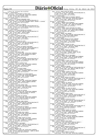 Página 130
        A Partir de: 01/03/2011 Até 31/03/2011
                                                          Diário Oficial                                Te r ç a F e i r a , 0 5 d e A b r i l d e 2 0 11
                                                                                   Nome: (87374/1) MAGNO ALVES DOS SANTOS
Processo N.: 1000001009449                                                             Cargo/Função: (4740) APOIO ADM EDUC PROFISSIONALIZADO-30
    Nome: (221793/3) LUIS ERCULANO DA COSTA LEITE                                      Un. Adm: (015997) EEPG - JADA TORRES
        Cargo/Função: (3476) APOIO ADM. EDUCACIONAL-ELEMENTAR                          A Partir de: 01/03/2011 Até 31/03/2011
        Un. Adm: (045780) EEPG CRIANCA CIDADA                                  Processo N.: 1000001006884
        A Partir de: 07/02/2011 Até 28/02/2011                                     Nome: (221423/2) MALENE REGINA DE ASSUNCAO VERDECIO
Processo N.: 1000001008023                                                             Cargo/Função: (3476) APOIO ADM. EDUCACIONAL-ELEMENTAR
    Nome: (38532/1) LUIZ ANTONIO MAGALHAES COSTA                                       Un. Adm: (010553) EEPG - ANDRE LUIZ DA SILVA REIS
        Cargo/Função: (4740) APOIO ADM EDUC PROFISSIONALIZADO-30                       A Partir de: 01/01/2011 Até 30/01/2011
        Un. Adm: (014486) E.E.DE ENSINO FUNDAMEN.E MÉDIO “REGINA T. OLIVEIRA   Processo N.: 1000001009409
        A Partir de: 01/03/2011 Até 31/03/2011                                     Nome: (227682/1) MAMEDES SILVA GUIMARAES
Processo N.: 1000001009503                                                             Cargo/Função: (3476) APOIO ADM. EDUCACIONAL-ELEMENTAR
    Nome: (85073/1) LUIZ BISPO DE ALMEIDA                                              Un. Adm: (010243) EEPSG - CEL. RAFAEL DE SIQUEIRA
        Cargo/Função: (4740) APOIO ADM EDUC PROFISSIONALIZADO-30                       A Partir de: 01/03/2011 Até 31/03/2011
        Un. Adm: (146420) C.E.J.A.PROF.ANTONIO CESARIO DE FIG NETO             Processo N.: 1000001008034
        A Partir de: 01/03/2011 Até 31/03/2011                                     Nome: (119199/13) MANOEL CARLOS RODRIGUES DOS SANTOS
Processo N.: 1000001008440                                                             Cargo/Função: (3476) APOIO ADM. EDUCACIONAL-ELEMENTAR
    Nome: (84467/1) LUIZ CARLOS BATISTA DE OLIVEIRA                                    Un. Adm: (011754) EEPG - DES. GABRIEL PINTO DE ARRUDA
        Cargo/Função: (4740) APOIO ADM EDUC PROFISSIONALIZADO-30                       A Partir de: 01/03/2011 Até 31/03/2011
        Un. Adm: (011550) EEPSG - GETULIO VARGAS                               Processo N.: 1000001007371
        A Partir de: 01/03/2011 Até 31/03/2011                                     Nome: (65585/3) MANOEL JOAO SANTANA
Processo N.: 1000001008712                                                             Cargo/Função: (4740) APOIO ADM EDUC PROFISSIONALIZADO-30
    Nome: (87229/1) LUIZ CARLOS DA ROCHA                                               Un. Adm: (045110) EEPG LUIZA SOARES BOABAID
        Cargo/Função: (4740) APOIO ADM EDUC PROFISSIONALIZADO-30                       A Partir de: 01/03/2011 Até 31/03/2011
        Un. Adm: (013536) EEPSG - NOVA CANAA                                   Processo N.: 1000001008608
        A Partir de: 01/03/2011 Até 31/03/2011                                     Nome: (38336/1) MANOEL MESSIAS DOS REIS SOBRINHO
Processo N.: 1000001007847                                                             Cargo/Função: (1325) PORTEIRO (EM EXTINCAO)
    Nome: (84994/1) LUIZ CARLOS DA SILVA                                               Un. Adm: (009865) EEPSG - ALICE FONTES PINHEIRO
        Cargo/Função: (4740) APOIO ADM EDUC PROFISSIONALIZADO-30                       A Partir de: 01/03/2011 Até 31/03/2011
        Un. Adm: (015210) EEPSG - DEP. BERTOLDO FREIRE                         Processo N.: 1000001008511
        A Partir de: 01/03/2011 Até 31/03/2011                                     Nome: (88760/1) MANOEL OLIVEIRA DE JESUS
Processo N.: 1000001007683                                                             Cargo/Função: (4740) APOIO ADM EDUC PROFISSIONALIZADO-30
    Nome: (78213/2) LUIZ CARLOS DE ALMEIDA CAVALCANTE                                  Un. Adm: (011231) EEPSG - DOM AQUINO CORREA
        Cargo/Função: (4740) APOIO ADM EDUC PROFISSIONALIZADO-30                       A Partir de: 01/03/2011 Até 31/03/2011
        Un. Adm: (014842) EEPG - FRANCISCO ARAUJO BARRETO                      Processo N.: 1000001008221
        A Partir de: 01/03/2011 Até 31/03/2011                                     Nome: (28738/1) MANOEL OSORIO DE CASTRO
Processo N.: 1000001009323                                                             Cargo/Função: (1325) PORTEIRO (EM EXTINCAO)
    Nome: (209148/6) LUIZ CARLOS GAMA                                                  Un. Adm: (014478) EEPG - EVANGEL. ASSEM. DE DEUS
        Cargo/Função: (3476) APOIO ADM. EDUCACIONAL-ELEMENTAR                          A Partir de: 01/03/2011 Até 31/03/2011
        Un. Adm: (015288) EEPG - BENTO ALEXANDRE DOS SANTOS                    Processo N.: 1000001009518
        A Partir de: 01/03/2011 Até 31/03/2011                                     Nome: (219562/3) MANOEL REIS DO NASCIMENTO
Processo N.: 1000001008615                                                             Cargo/Função: (3476) APOIO ADM. EDUCACIONAL-ELEMENTAR
    Nome: (68686/4) LUIZ CARLOS RODRIGUES                                              Un. Adm: (015458) EEPSG - VICTORIA FURLANI DA RIVA
        Cargo/Função: (4740) APOIO ADM EDUC PROFISSIONALIZADO-30                       A Partir de: 01/03/2011 Até 31/03/2011
        Un. Adm: (014559) EEPSG - GUILHERME FREITAS ABREU LIMA                 Processo N.: 1000001007810
        A Partir de: 01/03/2011 Até 31/03/2011                                     Nome: (213035/5) MANOEL VICENTE RIBEIRO VICENTE
Processo N.: 1000001006846                                                             Cargo/Função: (3476) APOIO ADM. EDUCACIONAL-ELEMENTAR
    Nome: (222708/2) LUIZ DE OLIVEIRA FILHO                                            Un. Adm: (076201) PROF. JOAO CRISOSTOMO DE FIGUEIRESO
        Cargo/Função: (3476) APOIO ADM. EDUCACIONAL-ELEMENTAR                          A Partir de: 01/03/2011 Até 31/03/2011
        Un. Adm: (012548) EEPG - LEONIDAS DE MATOS                             Processo N.: 1000001008685
        A Partir de: 01/02/2011 Até 06/02/2011                                     Nome: (28745/1) MANOELITO PEREIRA
Processo N.: 1000001008972                                                             Cargo/Função: (4740) APOIO ADM EDUC PROFISSIONALIZADO-30
    Nome: (1805/1) LUIZ DE OLIVEIRA FONTES                                             Un. Adm: (012440) EEPG - VER. AMARILIO GOMES DA SILVA
        Cargo/Função: (1325) PORTEIRO (EM EXTINCAO)                                    A Partir de: 01/03/2011 Até 31/03/2011
        Un. Adm: (013838) EEPSG - ALEXANDRE GOMES SILVA CHAVES                 Processo N.: 1000001008140
        A Partir de: 01/03/2011 Até 31/03/2011                                     Nome: (113617/16) MANUEL LACERDA COSTA FILHO
Processo N.: 1000001007516                                                             Cargo/Função: (3476) APOIO ADM. EDUCACIONAL-ELEMENTAR
    Nome: (208928/6) LUIZ FERNANDO DE OLIVEIRA MOREIRA                                 Un. Adm: (009547) EEPG - PASCOAL RAMOS
        Cargo/Função: (3476) APOIO ADM. EDUCACIONAL-ELEMENTAR                          A Partir de: 02/03/2011 Até 31/03/2011
        Un. Adm: (010588) EEPSG - PROF. ULISSES CUIABANO                       Processo N.: 1000001007596
        A Partir de: 01/03/2011 Até 31/03/2011                                     Nome: (88740/1) MARCEL AVELINO DOS SANTOS
Processo N.: 1000001007350                                                             Cargo/Função: (4740) APOIO ADM EDUC PROFISSIONALIZADO-30
    Nome: (133510/5) LUIZ GOMES VIANA                                                  Un. Adm: (012866) EEPG - INOCENCIA RACHID JAUDY
        Cargo/Função: (3476) APOIO ADM. EDUCACIONAL-ELEMENTAR                          A Partir de: 01/03/2011 Até 31/03/2011
        Un. Adm: (014826) EEPSG - ANTONIO FERREIRA SOBRINHO                    Processo N.: 1000001008203
        A Partir de: 01/03/2011 Até 31/03/2011                                     Nome: (143885/7) MARCELO DE CARVALHO
Processo N.: 1000001007368                                                             Cargo/Função: (3476) APOIO ADM. EDUCACIONAL-ELEMENTAR
    Nome: (219428/4) LUIZ LAURO SOARES PINHO                                           Un. Adm: (014532) EEPG - SAGRADO CORACAO DE JESUS
        Cargo/Função: (3476) APOIO ADM. EDUCACIONAL-ELEMENTAR                          A Partir de: 01/03/2011 Até 31/03/2011
        Un. Adm: (038563) EEPSG - JARDIM DAS FLORES                            Processo N.: 1000001008099
        A Partir de: 01/03/2011 Até 31/03/2011                                     Nome: (144726/8) MARCELO DE JESUS DOS ANJOS
Processo N.: 1000001009532                                                             Cargo/Função: (3476) APOIO ADM. EDUCACIONAL-ELEMENTAR
    Nome: (119618/9) LUIZ MAURO DE OLIVEIRA                                            Un. Adm: (016411) EEPSG - 19 DE JULHO
        Cargo/Função: (3476) APOIO ADM. EDUCACIONAL-ELEMENTAR                          A Partir de: 01/03/2011 Até 31/03/2011
        Un. Adm: (145769) E.E.FRANCISCA BARROS DE CARVALHO                     Processo N.: 1000001008514
        A Partir de: 14/02/2011 Até 28/02/2011                                     Nome: (84373/1) MARCELO MACEDO CASTRO
Processo N.: 1000001009534                                                             Cargo/Função: (4740) APOIO ADM EDUC PROFISSIONALIZADO-30
    Nome: (119618/9) LUIZ MAURO DE OLIVEIRA                                            Un. Adm: (010871) EEPSG - ADOLFO AUGUSTO DE MORAES
        Cargo/Função: (3476) APOIO ADM. EDUCACIONAL-ELEMENTAR                          A Partir de: 01/03/2011 Até 31/03/2011
        Un. Adm: (145769) E.E.FRANCISCA BARROS DE CARVALHO                     Processo N.: 1000001009444
        A Partir de: 01/03/2011 Até 31/03/2011                                     Nome: (85780/1) MARCELO OLIVEIRA DA SILVA
Processo N.: 1000001008122                                                             Cargo/Função: (4740) APOIO ADM EDUC PROFISSIONALIZADO-30
    Nome: (84592/1) LUIZ RAFAEL GOMES FONSECA                                          Un. Adm: (011509) EEPSG - DR. JOAO PONCE DE ARRUDA
        Cargo/Função: (4740) APOIO ADM EDUC PROFISSIONALIZADO-30                       A Partir de: 01/03/2011 Até 31/03/2011
        Un. Adm: (011614) EEPSG - SENADOR MARIO MOTA                           Processo N.: 1000001007426
        A Partir de: 01/03/2011 Até 31/03/2011                                     Nome: (78751/2) MARCELO SILVA DE ARRUDA
Processo N.: 1000001006856                                                             Cargo/Função: (4740) APOIO ADM EDUC PROFISSIONALIZADO-30
    Nome: (212659/2) LUIZ RODRIGUES DE ALMEIDA                                         Un. Adm: (040622) ASSESSORIA PEDAGOGICA - POXOREO
        Cargo/Função: (3476) APOIO ADM. EDUCACIONAL-ELEMENTAR                          A Partir de: 01/03/2011 Até 31/03/2011
        Un. Adm: (076228) MARIA DE ARRUDA MUILLER                              Processo N.: 1000001007438
        A Partir de: 01/02/2011 Até 06/02/2011                                     Nome: (206366/7) MARCELO WAGNER DE OLIVEIRA
Processo N.: 1000001008794                                                             Cargo/Função: (3476) APOIO ADM. EDUCACIONAL-ELEMENTAR
    Nome: (219657/3) LUZIA AURORA RUBIO SANTOS                                         Un. Adm: (013200) EEPG - FRANSCISCO SALAZAR
        Cargo/Função: (3476) APOIO ADM. EDUCACIONAL-ELEMENTAR                          A Partir de: 01/03/2011 Até 31/03/2011
        Un. Adm: (014885) EEPG - SAO FRANCISCO                                 Processo N.: 1000001006056
        A Partir de: 01/03/2011 Até 31/03/2011                                     Nome: (221659/2) MARCIANO DIVINO DE CARVALHO
Processo N.: 1000001007386                                                             Cargo/Função: (3476) APOIO ADM. EDUCACIONAL-ELEMENTAR
    Nome: (222992/3) LUZIA ISABEL ACASSIO DE SOUZA                                     Un. Adm: (157260) E.E. “COUTINHO UNIÃO”
        Cargo/Função: (3476) APOIO ADM. EDUCACIONAL-ELEMENTAR                          A Partir de: 01/02/2011 Até 06/02/2011
        Un. Adm: (013692) EEPG - ARGEMIRO R. PIMENTEL                          Processo N.: 1000001007477
        A Partir de: 01/03/2011 Até 31/03/2011                                     Nome: (28641/1) MARCINO ALVES BORGES
Processo N.: 1000001009119                                                             Cargo/Função: (680) AUXILIAR DE SERVICOS GERAIS I
    Nome: (87353/1) MACIEL DO NASCIMENTO                                               Un. Adm: (013706) EEPG - JOAO BORGES VIEIRA
        Cargo/Função: (4740) APOIO ADM EDUC PROFISSIONALIZADO-30                       A Partir de: 01/03/2011 Até 31/03/2011
        Un. Adm: (015385) EEPSG - PLACIDO DE CASTRO                            Processo N.: 1000001009292
        A Partir de: 01/03/2011 Até 31/03/2011                                     Nome: (89113/1) MARCIO APARECIDO DE SOUZA
Processo N.: 1000001008320                                                             Cargo/Função: (4740) APOIO ADM EDUC PROFISSIONALIZADO-30
    Nome: (88426/16) MAESTER OLM                                                       Un. Adm: (011215) EEPG - SAO PEDRO APOSTOLO
        Cargo/Função: (3476) APOIO ADM. EDUCACIONAL-ELEMENTAR                          A Partir de: 01/03/2011 Até 31/03/2011
        Un. Adm: (040606) ASSESSORIA PEDAGOGICA - BARRA DO GARCAS              Processo N.: 1000001008487
        A Partir de: 01/03/2011 Até 31/03/2011                                     Nome: (223787/3) MARCIO BENEDITO SARAIVA
Processo N.: 1000001009229                                                             Cargo/Função: (3476) APOIO ADM. EDUCACIONAL-ELEMENTAR
 