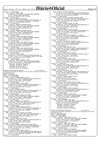 Te r ç a F e i r a , 0 5 d e A b r i l d e 2 0 11
Processo N.: 1000001009434
                                                       Diário Oficial            Nome: (93240/1) ERCILIA DE ALMEIDA
                                                                                                                                            Página 13
    Nome: (210424/6) ZAQUEU JORGE                                                    Cargo/Função: (4740) APOIO ADM EDUC PROFISSIONALIZADO-30
        Cargo/Função: (3476) APOIO ADM. EDUCACIONAL-ELEMENTAR                        Un. Adm: (010910) EE ENSINO FUNDAMENTAL SAO JOSE OPERARIO
        Un. Adm: (049646) EEPG PAULO FREIRE                                          A Partir de: 01/12/2010 Até 31/12/2010
        A Partir de: 01/03/2011 Até 31/03/2011                               Processo N.: 1000000954294
Processo N.: 1000001008839                                                       Nome: (56467/2) FELICISSIMO CARDOSO LAURIANO FILHO
    Nome: (84912/1) ZARLAN DIAS FERREIRA                                             Cargo/Função: (4740) APOIO ADM EDUC PROFISSIONALIZADO-30
        Cargo/Função: (4740) APOIO ADM EDUC PROFISSIONALIZADO-30                     Un. Adm: (011355) EEPSG - MAL. EURICO GASPAR DUTRA
        Un. Adm: (041009) ASSESSORIA PEDAGOGICA - DOM AQUINO                         A Partir de: 01/12/2010 Até 31/12/2010
        A Partir de: 01/03/2011 Até 31/03/2011                               Processo N.: 1000000954890
Processo N.: 1000001007453                                                       Nome: (85235/1) GILCINEY PEREIRA DE SOUZA
    Nome: (220570/3) ZEFERINO CAVALCANTE MACIEL                                      Cargo/Função: (4740) APOIO ADM EDUC PROFISSIONALIZADO-30
        Cargo/Função: (3476) APOIO ADM. EDUCACIONAL-ELEMENTAR                        Un. Adm: (014990) EEPG - CAMPOS SALES
        Un. Adm: (013633) EEPG - PRESIDENTE DUTRA                                    A Partir de: 01/12/2010 Até 31/12/2010
        A Partir de: 07/02/2011 Até 28/02/2011                               Processo N.: 1000000954288
Processo N.: 1000001007455                                                       Nome: (38386/1) HAROLDO DA SILVA CARVALHO
    Nome: (220570/3) ZEFERINO CAVALCANTE MACIEL                                      Cargo/Função: (4740) APOIO ADM EDUC PROFISSIONALIZADO-30
        Cargo/Função: (3476) APOIO ADM. EDUCACIONAL-ELEMENTAR                        Un. Adm: (011355) EEPSG - MAL. EURICO GASPAR DUTRA
        Un. Adm: (013633) EEPG - PRESIDENTE DUTRA                                    A Partir de: 01/12/2010 Até 31/12/2010
        A Partir de: 01/03/2011 Até 31/03/2011                               Processo N.: 1000000955550
Processo N.: 1000001007449                                                       Nome: (56661/4) JOAO BATISTA FLORENTINO DE OLIVEIRA
    Nome: (103103/19) ZENITH JOSE CARVALHO CARDOSO                                   Cargo/Função: (4740) APOIO ADM EDUC PROFISSIONALIZADO-30
        Cargo/Função: (3476) APOIO ADM. EDUCACIONAL-ELEMENTAR                        Un. Adm: (013056) EEPG - MARIO SPINELLI
        Un. Adm: (013633) EEPG - PRESIDENTE DUTRA                                    A Partir de: 01/12/2010 Até 31/12/2010
        A Partir de: 01/02/2011 Até 06/02/2011                               Processo N.: 1000000955077
Processo N.: 1000001007450                                                       Nome: (38636/1) JOAO BATISTA SILVEIRA DE AVILA
    Nome: (103103/20) ZENITH JOSE CARVALHO CARDOSO                                   Cargo/Função: (4740) APOIO ADM EDUC PROFISSIONALIZADO-30
        Cargo/Função: (3476) APOIO ADM. EDUCACIONAL-ELEMENTAR                        Un. Adm: (012831) EEPG - MARECHAL RONDON
        Un. Adm: (013633) EEPG - PRESIDENTE DUTRA                                    A Partir de: 01/12/2010 Até 31/12/2010
        A Partir de: 07/02/2011 Até 28/02/2011                               Processo N.: 1000000985782
Processo N.: 1000001007451                                                       Nome: (53330/2) KLEBER PERES DA SILVA
    Nome: (103103/20) ZENITH JOSE CARVALHO CARDOSO                                   Cargo/Função: (4740) APOIO ADM EDUC PROFISSIONALIZADO-30
        Cargo/Função: (3476) APOIO ADM. EDUCACIONAL-ELEMENTAR                        Un. Adm: (014389) EEPSG - ARNALDO ESTEVAO FIGUEIREDO
        Un. Adm: (013633) EEPG - PRESIDENTE DUTRA                                    A Partir de: 01/02/2011 Até 28/02/2011
        A Partir de: 01/03/2011 Até 31/03/2011                               Processo N.: 1000000955355
Processo N.: 1000001009504                                                       Nome: (87374/1) MAGNO ALVES DOS SANTOS
    Nome: (89540/1) ZILDA ROSA MAIA                                                  Cargo/Função: (4740) APOIO ADM EDUC PROFISSIONALIZADO-30
        Cargo/Função: (4740) APOIO ADM EDUC PROFISSIONALIZADO-30                     Un. Adm: (015997) EEPG - JADA TORRES
        Un. Adm: (146420) C.E.J.A.PROF.ANTONIO CESARIO DE FIG NETO                   A Partir de: 01/12/2010 Até 27/12/2010
        A Partir de: 01/03/2011 Até 31/03/2011                               Processo N.: 1000000954905
Processo N.: 1000001006838                                                       Nome: (88901/1) MARCIRLEY ARAUJO SILVA
    Nome: (133286/7) ZODENEI CORREA DA SILVA                                         Cargo/Função: (4740) APOIO ADM EDUC PROFISSIONALIZADO-30
        Cargo/Função: (3476) APOIO ADM. EDUCACIONAL-ELEMENTAR                        Un. Adm: (011550) EEPSG - GETULIO VARGAS
        Un. Adm: (012599) EEPSG - VIRGINIO NUNES FERRAZ JUNIOR                       A Partir de: 01/12/2010 Até 31/12/2010
        A Partir de: 01/01/2011 Até 30/01/2011                               Processo N.: 1000000955075
          PUBLICADA, REGISTRADA, CUMPRA-SE.                                      Nome: (88738/1) NEVIO ALVES SILVA
          Cuiabá-MT, 05 de Abril de 2011.                                            Cargo/Função: (4740) APOIO ADM EDUC PROFISSIONALIZADO-30
          Rosa Neide Sandes de Almeida                                               Un. Adm: (012831) EEPG - MARECHAL RONDON
          Secretária de Estado de Educação                                           A Partir de: 01/12/2010 Até 31/12/2010
                                                                             Processo N.: 1000000954305
BOLETIM DE PESSOAL/SEDUC/00292/2011                      DE: 05/04/2011          Nome: (87851/1) NILO ARAUJO LIMA
O Secretária de Estado de Educação no uso de suas atribuições que lhes são           Cargo/Função: (4740) APOIO ADM EDUC PROFISSIONALIZADO-30
conferidas por lei,                                                                  Un. Adm: (050008) CENTRO DE FORMACAO E ATUALIZACAO PROF
Resolve: RETIFICAR                                                                   A Partir de: 01/12/2010 Até 31/12/2010
Evento: ADICIONAL NOTURNO                                                    Processo N.: 1000000954402
Processo N.: 1000000955076                                                       Nome: (44961/3) OLIMPIO TEIXEIRA DE SOUZA
    Nome: (87404/1) ADAIRTON MIGUEL DA SILVA                                         Cargo/Função: (1503) VIGIA
        Cargo/Função: (4740) APOIO ADM EDUC PROFISSIONALIZADO-30                     Un. Adm: (069493) EE BOA ESPERANCA
        Un. Adm: (012831) EEPG - MARECHAL RONDON                                     A Partir de: 01/12/2010 Até 31/12/2010
        A Partir de: 01/12/2010 Até 31/12/2010                               Processo N.: 1000000954887
Processo N.: 1000000954899                                                       Nome: (85236/1) PAULO ALEXANDRE SODRE DA COSTA
    Nome: (87346/1) ADELINO DE SOUZA GOMES                                           Cargo/Função: (4740) APOIO ADM EDUC PROFISSIONALIZADO-30
        Cargo/Função: (4740) APOIO ADM EDUC PROFISSIONALIZADO-30                     Un. Adm: (014990) EEPG - CAMPOS SALES
        Un. Adm: (014893) EEPG - MILTON DA COSTA FERREIRA                            A Partir de: 01/12/2010 Até 31/12/2010
        A Partir de: 01/12/2010 Até 31/12/2010                               Processo N.: 1000000956046
Processo N.: 1000000954900                                                       Nome: (85298/1) ROBERTO SILVA DE OLIVEIRA
    Nome: (87357/1) AMILTON DE JESUS                                                 Cargo/Função: (4740) APOIO ADM EDUC PROFISSIONALIZADO-30
        Cargo/Função: (4740) APOIO ADM EDUC PROFISSIONALIZADO-30                     Un. Adm: (013757) EEPG SEBASTIAO PATRICIO
        Un. Adm: (014893) EEPG - MILTON DA COSTA FERREIRA                            A Partir de: 01/12/2010 Até 31/12/2010
        A Partir de: 01/12/2010 Até 31/12/2010                               Processo N.: 1000000956260
Processo N.: 1000000954431                                                       Nome: (222069/1) WALQUE DE SOUZA LOPES
    Nome: (28622/1) ANTONIO FERREIRA DOS SANTOS                                      Cargo/Função: (3476) APOIO ADM. EDUCACIONAL-ELEMENTAR
        Cargo/Função: (3476) APOIO ADM. EDUCACIONAL-ELEMENTAR                        Un. Adm: (014087) EEPSG - SEVERIANO NEVES
        Un. Adm: (015814) EEPSG - RENATO SPINELLI                                    A Partir de: 01/12/2010 Até 31/12/2010
        A Partir de: 01/12/2010 Até 31/12/2010                               Processo N.: 1000000955408
Processo N.: 1000000954211                                                       Nome: (87834/1) WELTEMAN LOPES NEVES
    Nome: (38611/1) APARECIDO LUIZ FRANCISCO                                         Cargo/Função: (4740) APOIO ADM EDUC PROFISSIONALIZADO-30
        Cargo/Função: (4740) APOIO ADM EDUC PROFISSIONALIZADO-30                     Un. Adm: (154024) E.E.PROF ELMAR JUSTEN
        Un. Adm: (015962) EEPG - JONAS LOPES DA SILVA                                A Partir de: 01/12/2010 Até 31/12/2010
        A Partir de: 01/12/2010 Até 31/12/2010                                         PUBLICADA, REGISTRADA, CUMPRA-SE.
Processo N.: 1000000954624                                                             Cuiabá-MT, 05 de Abril de 2011.
    Nome: (77852/2) BARNABE DOMINGOS DE SOUZA                                          Rosa Neide Sandes de Almeida
        Cargo/Função: (4740) APOIO ADM EDUC PROFISSIONALIZADO-30                       Secretária de Estado de Educação
        Un. Adm: (012645) EEPG - GAL. CAETANO DE ALBUQUERQUE
        A Partir de: 01/12/2010 Até 31/12/2010                               BOLETIM DE PESSOAL/SEDUC/00293/2011                DE: 05/04/2011
Processo N.: 1000000954282                                                   O Secretária de Estado de Educação no uso de suas atribuições que lhes são
    Nome: (38641/1) CACILDO CARVALHO DE OLIVEIRA                             conferidas por lei,
        Cargo/Função: (4740) APOIO ADM EDUC PROFISSIONALIZADO-30             Resolve: TORNAR SEM EFEITO
        Un. Adm: (011355) EEPSG - MAL. EURICO GASPAR DUTRA                   Evento: ADICIONAL NOTURNO
        A Partir de: 01/12/2010 Até 31/12/2010                               Processo N.: 1000000983337
Processo N.: 1000000954891                                                       Nome: (208952/5) CICERO ARAUJO DA SILVA
    Nome: (87186/1) CARLOS JOSE DA SILVA                                             Cargo/Função: (3476) APOIO ADM. EDUCACIONAL-ELEMENTAR
        Cargo/Função: (4740) APOIO ADM EDUC PROFISSIONALIZADO-30                     Un. Adm: (015601) EEPG - CECILIA MEIRELES
        Un. Adm: (014990) EEPG - CAMPOS SALES                                        A Partir de: 01/02/2011 Até 06/02/2011
        A Partir de: 01/12/2010 Até 31/12/2010                               Processo N.: 1000000967048
Processo N.: 1000000954623                                                       Nome: (226546/1) CLEBER MELOS VIEIRA
    Nome: (84918/1) DEUCLECIO FRANCISVAL DE AQUINO NUNES                             Cargo/Função: (3476) APOIO ADM. EDUCACIONAL-ELEMENTAR
        Cargo/Função: (4740) APOIO ADM EDUC PROFISSIONALIZADO-30                     Un. Adm: (015504) EEPSG - MUNDO NOVO
        Un. Adm: (012645) EEPG - GAL. CAETANO DE ALBUQUERQUE                         A Partir de: 01/01/2011 Até 30/01/2011
        A Partir de: 01/12/2010 Até 31/12/2010                               Processo N.: 1000000994185
Processo N.: 1000000955386                                                       Nome: (211008/3) CRISTINA SILVA RIBEIRO
    Nome: (93256/1) EDINALDO PEREIRA CLAUDIO                                         Cargo/Função: (3476) APOIO ADM. EDUCACIONAL-ELEMENTAR
        Cargo/Função: (4740) APOIO ADM EDUC PROFISSIONALIZADO-30                     Un. Adm: (049956) ASSESSORIA PEDAGOGICA DE TABAPORA
        Un. Adm: (010910) EE ENSINO FUNDAMENTAL SAO JOSE OPERARIO                    A Partir de: 01/02/2011 Até 06/02/2011
        A Partir de: 01/12/2010 Até 31/12/2010                               Processo N.: 1000000983336
Processo N.: 1000000955385                                                       Nome: (112667/14) DARCY GOMES DOS SANTOS
 