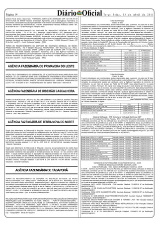 Página 1                                                                    Diário Oficial
produtor Rural abaixo relacionado: FERNANDO JADER ALVES MARQUES CPF: 021.578.751-07
                                                                                                                                            Te r ç a F e i r a , 0 5 d e A b r i l d e 2 0 11
                                                                                                                                                     E D I T A L




SÍTIO FILHOS DE MARIA Validade: 31/03/2021. Apresentou junto a esta Agência Fazendária, os                                                       Edital de Intimação
documentos comprobatórios que explora atividade rural em área com extensão igual ou inferior a 100                                                  Prazo: 30 dias
hectares. Atendendo aos dispositivos do § 19 do Art. 26 da Portaria 114/2002. Mirassol D’ Oeste – MT,   Fica(m) intimados(s) o(s) contribuinte(s) abaixo relacionados para, querendo, no prazo de 30 dias,
05 de Abril de 2011 – Evanil Rodrigues Tapajós- AAIG.                                                   apresentarem defesa no Procedimento de Fiscalização e Auditoria Eletrônica – GFVM. O detalhamento
                                                                                                        completo do procedimento poderá ser verificado, junto a Agência Fazendária do domicílio do
TERMO DE RECONHECIMENTO DE DISPENSA DE INSCRIÇÃO ESTADUAL DE MICRO-                                     contribuinte, ou por meio do acesso ao Portal da SEFAZ/MT (www.sefaz.mt.gov.br), na pasta
PRODUTOR RURAL - TDI nº 081 /2011 Município: ARAPUTANGA – MT. Reconheço que o                           “eProcess”, no Menu “Serviços”, link “gerar novo código de usuário” onde deverão ser informados, o
Micro-produtor Rural abaixo relacionado: ENIVALDO BARBOSA DE SOUZA CPF: 002.689.471-80                  número do processo, o ano do processo, e o número do CNPJ do contribuinte. Após este procedimento,
FAZENDA SANTA ÉRICA Validade: 30/03/2021. Apresentou junto a esta Agência Fazendária, os                será enviado um email contendo a senha para o endereço eletrônico do contribuinte. Para atualização
documentos comprobatórios que explora atividade rural em área com extensão igual ou inferior a 100      dos dados cadastrais o contribuinte deverá dirigir-se a qualquer agencia fazendária do Estado de
hectares. Atendendo aos dispositivos do § 19 do Art. 26 da Portaria 114/2002. Mirassol D’ Oeste – MT    Mato Grosso. Informações Gerais poderão ser obtidas no telefone (0xx65) 3617 2687/2685. Dado e
05 de Abril de 2011 – Evanil Rodrigues Tapajós – AAIG.                                                  passado, nesta cidade de Cuiabá/MT, Gerencia de Fiscalização dos Segmentos de Veículos, Varejo,
                                                                                                        Medicamento e Supermercados, em 05 de Abril de dois mil e onze. Eu,________________(Marian
TERMO DE RECONHECIMENTO DE DISPENSA DE INSCRIÇÃO ESTADUAL DE MICRO-                                     XXXX), técnico em processamento, digitei. Eu,_________________(Alex Sebastião da Silva), Fiscal
PRODUTOR RURAL - TDI nº 082/2011 Município: ARAPUTANGA – MT. Reconheço que o Micro-                     de Tributos Estaduais, fiz digitar.
produtor Rural abaixo relacionado: MARIA LUZINETE LIMA DE OLIVEIRA CPF: 411.601.771-04
                                                                                                                                     NOME                                    CNPJ                 Nº PROCESSO
ESTÂNCIA SÃO JOSÉ Validade: 02/03/2014. Apresentou junto a esta Agência Fazendária, os
                                                                                                        NÉZIO GARCIA LOPES  CIA LTDA                                  00.920.730/0001-00         5010806/2011
documentos comprobatórios que explora atividade rural em área com extensão igual ou inferior a 100
hectares. Atendendo aos dispositivos do § 19 do Art. 26 da Portaria 114/2002. Mirassol D’ Oeste – MT    RITA DE FÁTIMA ANTUNES                                         07.013.013/0001-44         5011060/2011
                                                                                                        MEDRADO  MEDRADO LTDA                                         08.490.215/0001-40         5011023/2011
05 de Abril de 2011 – Evanil Rodrigues Tapajós – AAIG.
                                                                                                        ANA CLAUDIA DOS PASSOS D DE OLIVEIRA                           05.623.104/0001-76         5010807/2011
                                                                                                        JACI BARRETO DE SOUZA - ME                                     01.091.440/0001-64         5011043/2011
                                                                                                        ALMEIDA  MOREIRA LTDA                                         08.010.832/0002-81         5011034/2011

   AGÊNCIA FAZENDÁRIA DE PRIMAVERA DO LESTE                                                             VIEIRA DOS SANTOS  FERRARI LTDA
                                                                                                        AILTON F DE SOUZA - ME
                                                                                                                                                                       03.520.990/0001-87
                                                                                                                                                                       06.556.151/0001-07
                                                                                                                                                                                                  5010667/2011
                                                                                                                                                                                                  5011065/2011
                                                                                                        CÍCERO VICENTE TORRES  CIA LTDA                               08.617.724/0001-90         5010679/2011
                                           T E R M O   D E     O P Ç Ã O




OPÇÃO PELO DIFERIMENTO DO DIFERENCIAL DE ALÍQUOTA DOS BENS ARROLADOS NOS                                                                         Edital de Intimação
ANEXOS I E II DO CONVÊNIO ICMS 52/91, DESTINADOS A INTEGRAR O ATIVO IMOBILIZADO                                                                     Prazo: 30 dias
DE ESTABELECIMENTO INDUSTRIAL OU AGROPECUÁRIO. CONTRIBUINTE CNPJ/CPF INSCR.                             Fica(m) intimados(s) o(s) contribuinte(s) abaixo relacionados para, querendo, no prazo de 30 dias,
ESTADUAL; ALFREDO MIGUEL SABÓ E OUTROS 002442018-20 13259793-4. PRIMAVERA DO                            apresentarem defesa no Procedimento de Fiscalização e Auditoria Eletrônica – GFVM. O detalhamento
LESTE – MT, 05 de abril de 2011. Rubens Marcelino dos Santos - Matrícula n.º 50537001-8.                completo do procedimento poderá ser verificado, junto a Agência Fazendária do domicílio do
                                                                                                        contribuinte, ou por meio do acesso ao Portal da SEFAZ/MT (www.sefaz.mt.gov.br), na pasta
                                                                                                        “eProcess”, no Menu “Serviços”, link “gerar novo código de usuário” onde deverão ser informados, o
                                                                                                        número do processo, o ano do processo, e o número do CNPJ do contribuinte. Após este procedimento,
                                                                                                        será enviado um email contendo a senha para o endereço eletrônico do contribuinte. Para atualização
   AGÊNCIA FAZENDÁRIA DE RIBEIRÃO CASCALHEIRA                                                           dos dados cadastrais o contribuinte deverá dirigir-se a qualquer agencia fazendária do Estado de
                                                                                                        Mato Grosso. Informações Gerais poderão ser obtidas no telefone (0xx65) 3617 2687/2685. Dado e
                                                                                                        passado, nesta cidade de Cuiabá/MT, Gerencia de Fiscalização dos Segmentos de Veículos, Varejo,
                                         T E R M O   D E   R E N U N C I A

                                                                                                        Medicamento e Supermercados, em 04 de Abril de dois mil e onze. Eu,________________(Marian
TERMO DE RENÚNCIA DE CRÉDITO - Eu,WILLIAN RAIMUNDO DOS SANTOS, brasileiro, Pequeno                      XXXX), técnico em processamento, digitei. Eu,_________________(Alex Sebastião da Silva), Fiscal
Produtor Rural , inscritos no CPF sob nº 587.138.671-72 e Inscrição Estadual sob nº 13.386.620-         de Tributos Estaduais, fiz digitar.
3, proprietário único da FAZENDA CAMPINA VERDE, com sede e foro na cidade de Ribeirão                                                NOME                                   CNPJ                 Nº PROCESSO
Cascalheira, Estado de Mato Grosso.DECLARO e torno público a opção pela utilização do benefício
                                                                                                        ADÃO ALVES DA SILVA  CIA LTDA - ME                          07.551.160/0001-78           5011029/2011
do Decreto nº. 565 de 30/07/2007 que renuncia aos créditos pelas entradas dos bens arrolados nos
                                                                                                        H HEIDEMANN E CIA LTDA - ME                                  33.685.926/0001-17           5011078/2011
anexos I e II do convênio ICMS 52/91, destinados a integrar o ativo imobilizado de estabelecimento
industrial ou agropecuário. Ribeirão Cascalheira-MT, 31 de MARÇO de 2011. Gerente Fazendário            MARIANA MAGALHÃES MOREIRA - ME                               07.558.740/0001-97           5011016/2011
                                                                                                        COMERCIAL LUAR LTDA                                          02.545.557/0001-33           5010973/2011
-Vilson P. Lima - Mat: 285600511.

                                                                                                                         Edital de Notificação - SNE: Sistema de Notificação Eletrônica-GIEF.
                                                                                                        A Gerência de Informações Econômico-Fiscais ¿ GIEF, por intermédio desta publicação do Edital de

   AGÊNCIA FAZENDÁRIA DE TERRA NOVA DO NORTE                                                            Notificação, considera que fica (m) notificado (s) o (s) contribuinte (s) abaixo mencionado (s) a tomar
                                                                                                        (em) conhecimento de pendência (s) junto à SEFAZ-MT. O detalhamento dessa (s) pendência (s)
                                                                                                        poderá (ão) ser verificado (s) por meio de acesso ao Portal da SEFAZ-MT (www.sefaz.mt.gov.br) , no
                                                                                                        Menu ¿Serviços¿, na Pasta ¿Consulta de Notificação-e¿, onde deverão ser informados: 1) o número
                                                                                                        completo do Aviso de Cobrança Fazendário; 2) o número do CNPJ/CPF do Contribuinte; 3) o código
                                         T E R M O   D E   R E N U N C I A




Opção pelo deferimento do Diferencial de Alíquota e renuncia ao aproveitamento do credito fiscal        verificador ( o qual deve ser solicitado por Email em notifica.ouvidoria@sefaz.mt.gov.br, que será
relativo às compras do Ativo Imobilizado do estabelecimento nos termos do Artigo 2º, inciso XIII das    enviado somente por Email da empresa cadastrado na SEFAZ-MT).
disposições transitórias nas operações de entrada arroladas nos Anexos I e II do convenio ICMS
52/91. A opção também aplica-se as aquisições de máquinas arroladas nos incisos do Art 30 do            Razão Social: VERA L C P LIMPER              Inscrição Estadual: 132125005   Notificação: 45624/55/33/2011
Anexo VIII do RICMS, Decreto 1.944/89. Atendendo ao parágrafo 4º do Art 9º do RICMS e ART lº; 2º
                                                                                                        Razão Social: M. DA SILVA DOS SANTOS - ME    Inscrição Estadual: 132328224   Notificação: 45636/55/33/2011
e 3º de Decreto 565/2007, acrescido do Decreto 2656/2010 de 30/06/2010 RAZÃO SOCIAL: MAURO
BACHIEGA Inscrição estadual 13.417.587.5 e CPF SOB Nº: 257.367.281.68. Leocádia Olszewski               Razão Social: N L DE ALVARENGA               Inscrição Estadual: 131941321   Notificação: 49263/55/33/2011
- Gerente Fazendaria.                                                                                   Razão Social: MADEIREIRA MATELANDIA TDA      Inscrição Estadual: 132945053   Notificação: 49328/55/33/2011
                                                                                                        Razão Social: SERGIO L. DE OLIVEIRA ME       Inscrição Estadual: 132147416   Notificação: 50903/55/33/2011
Opção pelo deferimento do Diferencial de Alíquota e renuncia ao aproveitamento do credito fiscal        Razão Social: J T DA SILVA                   Inscrição Estadual: 132148471   Notificação: 50908/55/33/2011
relativo às compras do Ativo Imobilizado do estabelecimento nos termos do Artigo 2º, inciso XIII das    Razão Social: ANITA B SASSI                  Inscrição Estadual: 132148889   Notificação: 50909/55/33/2011
disposições transitórias nas operações de entrada arroladas nos Anexos I e II do convenio ICMS          Razão Social: H M DE SOUZA  CIA LTDA        Inscrição Estadual: 132148897   Notificação: 50910/55/33/2011
52/91. A opção também aplica-se as aquisições de máquinas arroladas nos incisos do Art 30 do            Razão Social: MARENILCE VOLPI                Inscrição Estadual: 132149850   Notificação: 50944/55/33/2011
Anexo VIII do RICMS, Decreto 1.944/89. Atendendo ao parágrafo 4º do Art 9º do RICMS e ART lº; 2º
                                                                                                        Razão Social: DORALICE S CARDOSO ME          Inscrição Estadual: 132150808   Notificação: 50950/55/33/2011
e 3º de Decreto 565/2007, acrescido do Decreto 2656/2010 de 30/06/2010 RAZÃO SOCIAL: ERNECI
AFONSO LAVALL Inscrição estadual 13.257.137.4 e CPF SOB Nº: 615.941.309.06. Leocádia                    Razão Social: BENEDITA M. DE MORÃES ME       Inscrição Estadual: 132152525   Notificação: 67108/55/33/2011

Olszewski - Gerente Fazendaria.
                                                                                                                          GERENCIA DE INFORMAÇÕES DE OUTRAS RECEITAS - GIOR
                                                                                                                                 TERMO DE EXCLUSÃO SIMPLES NACIONAL-GIOR
                                                                                                                        Edital de Notificação - SNE: Sistema de Notificação Eletrônica - GIOR
                                                                                                        A GIOR – Gerência de Informação de outras Receitas, por intermédio desta publicação do Edital de
             AGÊNCIA FAZENDÁRIA DE TABAPORÃ                                                             Notificação, considera que fica (m) notificado (s) o (s) contribuinte (s) abaixo mencionado (s) a tomar
                                                                                                        (em) conhecimento de pendência (s) junto à SEFAZ-MT. O detalhamento dessa (s) pendência (s)
                                                                                                        poderá (ão) ser verificado (s) por meio de acesso ao Portal da SEFAZ-MT (www.sefaz.mt.gov.br) , no
                                                       T D I

                                                                                                        Menu “Serviços”, na Pasta “Consulta de Notificação-e”, onde deverão ser informados: 1) o número
TERMO DE RECONHECIMENTO DE DISPENSA DE INSCRIÇÃO ESTADUAL DE MICRO                                      completo do Termo de Exclusão; 2) o número do CNPJ/CPF do Contribuinte; 3) o código verificador (
PRODUTOR RURAL-TDI – MARÇO/2011. TABAPORÃ/MT, 04 de abril de 2011. Reconheço que os                     o qual deve ser solicitado por Email em notifica.ouvidoria@sefaz.mt.gov.br, que será enviado somente
micros produtores abaixo relacionados, apresentaram junto a Agencia Fazendária de Tabaporã os           por Email da empresa cadastrado na SEFAZ-MT).
documentos comprobatórios de que exploram atividades rurais em área com extensão igual/inferior a       Contribuinte: NICO LAGES TRELICADA LTDA Inscrição Estadual: 131897616 Nº da Notificação:
100 (cem) hectares, conforme dispõe o§ 19 do Art.26 d da Port. 114/2002/SEFAZ – MUNICIPIO DE            48433/337/68/2011
TABAPORÃ: TDI CPF NOME RG; 009/2011 363.056.851-34 JOSÉ MARTINS DOS SANTOS 514506                       Contribuinte: I D DE SOUZA AUTO ELETRICA Inscrição Estadual: 131998196 Nº da Notificação:
SSP/MT; 010/2011 213.739.648-39 ADEMAR RODRIGUES DOS SANTOS 08782781-68 SSP/BA;                         48464/337/68/2011
José Adelmo dos Santos – Ger. da AGENFA/TABAPORÃ/MT                                                     Contribuinte: CASA ARTE AVIAMENTOS LTDA Inscrição Estadual: 132050129 Nº da Notificação:
                                                                                                        48485/337/68/2011
                                           T E R M O   D E     O P Ç Ã O

                                                                                                        Contribuinte: G I COM MOVEIS E ELETRODOMESTICOS LTDA Inscrição Estadual: 132069229 Nº
                                                                                                        da Notificação: 48491/337/68/2011
RELAÇÃO DOS PRODUTORES QUE EFETUARAM OPÇÃO PARA REALIZAÇÃO DE OPERAÇÕES/
                                                                                                        Contribuinte: MICCHI TRANS TUR AG DE VIAGENS E TURISMO LTDA - ME Inscrição Estadual:
PRESTAÇÕES COM DIFERIMENTO DO ICMS. (ANEXO I – PORT.Nº 079/2001/SEFAZ/MT) –
                                                                                                        132087740 Nº da Notificação: 48501/337/68/2011
AGENFA/TABAPORÃ. INSCR. ESTADUAL NOME DO CONTRIBUINTE; 13.417.739-8 EVERALDO
                                                                                                        Contribuinte: PRO RACE INDUSTRIA COM PROD METALURGICOS LTDA Inscrição Estadual:
SLOVINSKI; 13418.118-2 FERNANDO JOSÉ BARTH; 13.418.855-1 GILMAR FERNANDES
                                                                                                        132143453 Nº da Notificação: 48518/337/68/2011
MIRANDA; 13.417.287-1 HAMILTON RIBEIRO SANTIAGO; 13.418.861-1 JAIR LEOCIR FAGUNDES;
                                                                                                        Contribuinte: OLIVEIRA COMERCIO DE MATERIAIS ELETRICOS LTDA ME Inscrição Estadual:
13.414.332-9 NEUZIMAR JOERGENSEN; 13.417.414-3 RAFAELA CAMILA ZAMONER; 13.419.173-
                                                                                                        132183013 Nº da Notificação: 48525/337/68/2011
0 VANDELEI LUIS POOTER; 13.417.311-2 VANDERLEI DE SOUZA. José Adelmo dos Santos - Ger.
                                                                                                        Contribuinte: M. A. M. DO NASCIMENTO Inscrição Estadual: 132248573 Nº da Notificação:
Faz – Tabaporã/MT. 04 de abril de 2011.                                                                 48532/337/68/2011
 