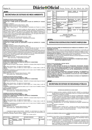 Página 1                                                                          Diário Oficial                                             Te r ç a F e i r a , 0 5 d e A b r i l d e 2 0 11

 SEMA
                                                                                                              143910/11    Lo      n° Houghton Brasil ltda                        Comercio    varejista  de        produtos Cuiabá/MT
                                                                                                                           301941/11                                              saneantes domissanitarios
                                                                                                                           Li      n°

    SECRETARIA DE ESTADO DE MEIO AMBIENTE
                                                                                                                           59169/11
                                                                                                                           Lp      n°
                                                                                                                           300237/11
                                                                                                              210030/07    Lo      n° Claudia armazéns gerais ltda Armazens gerais (emissão de warrants) Claudia/MT
                                              E X T R A T O
                                                                                                                           301925/11
GOVERNO DO ESTADO DE MATO GROSSO                                                                              421058/07    Lo      n° Francisco Araujo formiga                    Beneficiamento     de  minério  de Poconé/MT
SECRETARIA DE ESTADO DO MEIO AMBIENTE – SEMA                                                                               301921/11                                              metais preciosos, associado ou em
                                                                                                                                                                                  continuação à extração
EXTRATO DO 1º TERMO ADITIVO DE QUANTIDADE E VALOR AO CONTRATO Nº. 073/2010/
SEMA.                                                                                                         913857/07    Lo      n° Comercio de        petróleo               F. Poço tubular                             Brasnorte/MT
                                                                                                                           301917/11 Correa ltda
Processo nº: 124838/2011
Contratante: Secretaria de Estado do Meio Ambiente – SEMA                                                     46314/05     Li      n° SANECAP-,sistema             de Saneamento                                            Cuiabá/MT
                                                                                                                           59162/11 esgotamento              sanitário
Contratada: Genética Comércio, Importação e Exportação Ltda.                                                                          –Cuiaba
Objeto: Aditar a cláusula segunda – ‘Das Especificações e Quantidades dos Produtos’ do contrato
                                                                                                              32264/05     Lo      n° JN Madeiras ltda                            Serrarias   com       desdobramento    de Tabaporã/MT
original.                                                                                                                  301942/11                                              madeira
Valor: Em virtude do “item 5”, constante da tabela da cláusula segunda “Das Especificações e
                                                                                                              397900/09    Li      n° Donizete Viana da silva e Cia Comercio                      varejista   de   tambores Varzea grande/
Quantidades dos Produtos” não atender as necessidades do setor demandante, decresce-se do valor                            59170/11 ltda                            plásticos                                               MT
global do contrato a quantia de R$ 1.300,00 (um mil e trezentos reais), resultante do decréscimo no                        Lp      n°
quantitativo total do “item 5”, no percentual de aproximadamente 19,45% (dezenove vírgula quarenta                         300238/11
e cinco por cento) do valor global do contrato original, perfazendo um novo valor global de R$ 5.384,77
(cinco mil, trezentos e oitenta e quatro reais e setenta e sete centavos).                                                                          Alexander Torres Maia
Data de Assinatura: 04/03/2011.                                                                                                              Secretário de Estado do Meio Ambiente
Assinam: Moacir Couto Filho – Secretário Adjunto Executivo - SEMA                                                                                           SEMA/MT.
             Silvania Souza de Almeida Godinho – Representante da Contratada.

GOVERNO DO ESTADO DE MATO GROSSO
                                                                                                               SETPU
SECRETARIA DE ESTADO DO MEIO AMBIENTE – SEMA
EXTRATO DO 8º TERMO ADITIVO DE QUANTIDADE E VALOR AO CONTRATO Nº. 115/2006/
SEMA.
                                                                                                                  SECRETARIA DE ESTADO DE SECRETARIA DE ESTADO DE TRANSPORTE E PAVIMENTAÇÃO URBANA
Processo nº: 70521/2011
Contratante: Secretaria de Estado do Meio Ambiente – SEMA
Contratada: Transamérica Serviços de Vigilância e Segurança Ltda.
                                                                                                                                                               E X T R A T O




Objeto: Aditar a cláusula terceira, parágrafo único – ‘Locais da Execução dos Serviços’, bem como a           EXTRATO DO OITAVO TERMO DE PRORROGAÇÃO DE VIGÊNCIA AO CONVÊNIO Nº. 231/08
cláusula quarta – ‘Do Preço’ do Contrato original, com a inclusão de 01 (um) novo posto.                      PROCESSO: 35.513-5/08
Valor: Em virtude da inclusão de um (01) novo posto de vigilância armada ao contrato original, acresce-se     FUNDAMENTO: Este Termo decorre da autorização constante do processo nº. 35.513-5/08, com
ao valor global do contrato original a quantia de R$ 9.700,95 (nove mil, setecentos reais e noventa e cinco   base na memória de cálculo dos dias de atraso na liberação das parcelas (Prorrogação “de ofício”),
centavos), resultante do acréscimo no percentual de aproximadamente 4,47% (quatro vírgula quarenta e          previstas na Cláusula Sexta do Convênio nº.231/08, firmado com o Município de Lambari do Oeste.
sete por cento) do valor global do contrato original, perfazendo um novo valor mensal de R$ 226.929,11        PRORROGAÇÃO DA VIGÊNCIA: A vigência deste Convênio fica prorrogada por 120 (Cento e vinte)
(duzentos e vinte e seis mil, novecentos e vinte e nove reais e onze centavos).                               dias, passando a ser contada da data de sua assinatura até 17 de Agosto de 2011.
Data de Assinatura: 29/03/2011.                                                                               RATIFICAÇÃO: Em tudo no mais ficam perfeitamente ratificadas as demais disposições do Convênio
Assinam: Moacir Couto Filho – Secretário Adjunto Executivo - SEMA                                             nº.231/08, ao qual se integra este termo.
            Sirley Lúcia de Souza – Representante da Contratada.                                              VALIDADE: Este termo terá validade na data de sua assinatura.
                                                                                                              CONVENENTES: SECRETARIA DE ESTADO DE TRANSPORTE E PAVIMENTAÇÃO URBANA
GOVERNO DO ESTADO DE MATO GROSSO                                                                                                 MUNICIPIO DE LAMBARI DO OESTE
SECRETARIA DE ESTADO DO MEIO AMBIENTE – SEMA
EXTRATO DO 4º TERMO ADITIVO DE PRAZO AO CONTRATO Nº. 026/2007/SEMA.
Processo nº: 107187/2011/SEMA.                                                                                Extrato do Termo de Rescisão nº 001/2011-SETPU
Partes: Secretaria de Estado do Meio Ambiente – SEMA/MT e a empresa Quality Aluguel de Veículos               Processos: n. 1948/1985-DERMAT
Ltda.                                                                                                         Objeto do Contrato: Execução dos Serviços de Terraplenagem, Pavimentação, Drenagem,
Objeto: Aditar a cláusula oitava – ‘Da vigência’ do Contrato original.                                        Obras de Arte Correntes, Obras de Artes Especiais e Obras Complementares nas Rodovias:
Vigência: Prorroga-se o prazo de vigência do contrato original por 12 (doze) meses, a partir de
                                                                                                              MT-320, Trecho: Entº BR-163/Marcelendia/MT-110 Trecho: Guiratinga/Tesouro; MT-130/242,
25/03/2011.
                                                                                                              Trecho: Paranatinga/Entº MT-140; MT-336, Trecho: Entº MT-130/Itaquere/BR-070 e MT-140/020,
Fundamento: Fundamenta-se o presente termo aditivo no art. 57, inciso II, da lei nº 8.666/93, e parecer
                                                                                                              Trecho: Nova Brasilandia/Paranatinga.
jurídico nº 13/ASSEJUR/SEMA/2011.
                                                                                                              Objeto do Termo: Rescindir unilateralmente o Instrumento Contratual nº 131/1985/00/00-P.JU,
Data de Assinatura: 23/03/2011.
                                                                                                              relativo a Rodovia MT 140/020, Trecho: Nova Brasilândia – Entº MT 388 – Paranatinga, numa
Assina: Moacir Couto Filho – Secretário Adjunto Executivo – SEMA
                                                                                                              extensão de 164,0 km (lote único), com fundamento no inciso XII do art. 78 da Lei 8.666/93 e
          Mara Graciela Costa – Representante da Contratada
                                                                                                              Inciso I do artigo 79, da mesma lei.
                                                                                                              Partes: CONSTRUTORA TRIUNFO S/A e a SECRETARIA DE ESTADO DE TRANSPORTE E
GOVERNO DO ESTADO DE MATO GROSSO                                                                              PAVIMENTAÇÃO URBANA.
SECRETARIA DE ESTADO DO MEIO AMBIENTE – SEMA
EXTRATO DO 5º TERMO ADITIVO DE PRAZO AO CONTRATO Nº. 035/2007/SEMA.
Processo nº: 107157/2011/SEMA.
Partes: Secretaria de Estado do Meio Ambiente – SEMA/MT e a Empresa Quality Aluguel de Veículos
Ltda.
                                                                                                               SESP
Objeto: Aditar a cláusula oitava – ‘Da vigência’ do Contrato original.
Vigência: Prorroga-se o prazo de vigência do contrato original por 12 (doze) meses, a partir de                   SECRETARIA DE ESTADO DE SEGURANÇA PÚBLICA
30/03/2011.
Fundamento: Fundamenta-se o presente termo aditivo no art. 57, inciso II da lei nº 8.666/93, e Parecer
Jurídico nº 12/ASSEJUR/SEMA/2011.                                                                                                                             C O N T R A T O




Data de Assinatura: 15/03/2011.
Assina: Moacir Couto Filho – Secretário Adjunto Executivo – SEMA                                                                         EXTRATO DO CONTRATO N° 013/2011/SESP
         Mara Graciela Costa – Representante da Contratada
                                                                                                              DA ESPÉCIE: Contrato que entre si celebram o ESTADO DE MATO GROSSO, por intermédio da
GOVERNO DO ESTADO DE MATO GROSSO                                                                                        SECRETARIA DE ESTADO DE SEGURANÇA PÚBLICA e a Empresa PAUSA NOBRE
SECRETARIA DE ESTADO DO MEIO AMBIENTE – SEMA                                                                            COMÉRCIO DE ALIMENTOS LTDA-ME.
EXTRATO DO 3º TERMO ADITIVO DE PRAZO AO CONTRATO Nº. 059/2008/SEMA.                                           DO OBJETO: contratação de empresa especializada em serviços de ALIMENTAÇÃO, destinados
Processo nº: 107438/2011/SEMA.                                                                                          a atender a demanda da Coordenadoria de Aplicação, Desenvolvimento e Qualidade
Partes: Secretaria de Estado do Meio Ambiente – SEMA/MT e a empresa Quality Aluguel de Veículos                         de Vida do Núcleo de Segurança, conforme condições da Ata de Registro de Preços
Ltda.                                                                                                                   n° 029/2010/SAD e demais especificações contidas no Edital de Pregão Presencial n°
Objeto: Aditar a cláusula oitava – ‘Da vigência’ do Contrato original.                                                  024/2010/SAD e seus anexos.
Vigência: Prorroga-se o prazo de vigência do contrato original por 12 (doze) meses, a partir de               DO VALOR: O valor global deste Contrato é de R$ 2.100,00 (Dois mil e cem Reais).
08/03/2011.                                                                                                   DA DOTAÇÃO ORÇAMENTÁRIA: UO: 19101/Projeto: 3950/Natureza de Despesa: 33903900/Fonte:
Fundamento: Fundamenta-se o presente termo aditivo no art. 57, inciso II da lei nº 8.666/93, e parecer                  240.
jurídico nº 08/ASSEJUR/SEMA/2011.                                                                             DA VIGÊNCIA: 05/04/2011 a 04/04/2012.
Data de Assinatura: 04/03/2011.                                                                               DA DATA: 05/04/2011.
Assina: Moacir Couto Filho – Secretário Adjunto Executivo – SEMA                                              ASSINAM: DIÓGENES GOMES CURADO FILHO - Secretário de Estado de Segurança Pública/
          Mara Graciela Costa – Representante da Contratada                                                             CONTRATANTE e a Sra. HELENA MARIA MACHADO – Empresa PAUSA NOBRE
                                                                                                                        COMÉRCIO DE ALIMENTOS LTDA-ME /CONTRATADA.

         A Secretaria de Estado do Meio Ambiente – SEMA/MT, em conformidade com o artigo 37 da                                                                 E X T R A T O




Constituição Federal de 1988, torna público as seguintes licenças emitidas pela Superintendência de
Infra-Estrutura, Mineração, Indústria e Serviços – SUIMIS.                                                    EXTRATO DO PRIMEIRO TERMO ADITIVO E TERMO DE RERRATIFICAÇÃO AO CONTRATO N°
                                                   Cuiabá – MT, 4 de abril de 2011                                                              175/2010

                                                                                                              DA ESPÉCIE: Termo Aditivo e Termo de Rerratificação que entre si celebram o ESTADO DE MATO
PROTOCOLO N       ° RAZÃO SOCIAL                                ATIVIDADE LICENCIADA       Município
          LICENÇA
                                                                                                                       GROSSO, por intermédio da SECRETARIA DE ESTADO DE SEGURANÇA PÚBLICA
                                                                                                                       - SESP e a Empresa EMÍLIO SOARES DE SOUZA EPP.
285957/10     Li      n° Vanguarda –unidade                   de Armazéns gerais           Alto Paraguai/
              59165/11 armazenagem terra mãe                                               MT                 DO OBJETO: alteração do item 7.1. da CLÁUSULA SÉTIMA - DA DOTAÇÃO ORÇAMENTÁRIA,
              Lp      n°                                                                                               alteração do item 8.1.da CLÁUSULA OITAVA - DO PAGAMENTO e retificação do item
              300233/11                                                                                                8.7. da CLÁUSULA OITAVA - DO PAGAMENTO do Contrato nº 175/2010, que tem como
              Lo      n°                                                                                               objeto a contratação de empresa especializada em locação de tendas, para atender a
              301931/11
                                                                                                                       Policia Militar do Estado de Mato Grosso.
 