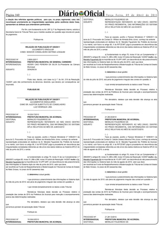 Página 10                                                         Diário Oficial
a citação dos referidos agentes políticos, para que, no prazo regimental, caso não               GESTOR(A)
                                                                                                                              Te r ç a F e i r a , 0 5 d e A b r i l d e 2 0 11
                                                                                                                            MERALDO FIGUEIREDO SÁ
reconheçam prontamente as irregularidades apontadas pelos auditores desta Casa,                  ASSUNTO                    REPRESENTAÇÃO REFERENTE AO NÃO ENVIO, DENTRO
apresentem as defesas que entenderem pertinentes.                                                                           DO PRAZO REGIMENTAL, DAS INFORMAÇÕES DO SISTEMA
                                                                                                                            APLIC RELATIVAS AO MÊS DE JULHO/2010
                    Por fim, com fundamento no Art. 297, § 1º do Regimento Interno, solicito à
Secretaria-Geral do Tribunal Pleno que a medida cautelar em questão seja incluída em pauta                                  (...)
de julgamento.
                                                                                                                            Face ao exposto, acolho o Parecer Ministerial nº 1209/2011 da
                               Publique-se.                                                      lavra do D. Procurador de Contas Dr. William de Almeida Brito Júnior, conheço da vertente
                  _____________________________________________                                  representação protocolada em desfavor do Sr. Meraldo Figueiredo Sá, Prefeito de Acorizal,
                                                                                                 e no mérito, com fulcro no artigo 90, V do RITCE/MT julgo-a procedente em decorrência das
                      RELAÇÃO DE PUBLICAÇÃO Nº 229/2011                                          irregularidades constatadas referentes ao não envio dos dados relativos ao Sistema APLIC do
                              JULGAMENTO SINGULAR                                                mês de julho de 2010, e ainda:
                  EXMO. SENHOR CONSELHEIRO ANTÔNIO JOAQUIM
                         _______________________________                                                                     a) fundamentado no artigo 75, inciso VI da Lei Complementar n.º
                                                                                                 269/2007 e artigos 90, inciso VI, 286 e 289, inciso VII todos da Resolução 14/2007 multo o Sr.
PROCESSO Nº                3.808-3/2011                                                          Meraldo Figueiredo Sá na importância de 10 UPF´s/MT, em decorrência do não preenchimento
INTERESSADO(A)             PREFEITURA MUNICIPAL DE GENERAL CARNEIRO                              das Informações no Sistema Aplic do mês de julho de 2010, valor que deve
INTERESSADO(A)             HEDER CAIO PEREIRA DA SILVA Ex-Presidente da Câmara                   ser recolhido ao Fundo de Reaparelhamento e Modernização do Tribunal de Contas do Estado
                           Municipal                                                             de Mato Grosso, no prazo de 60 (sessenta) dias.
ASSUNTO                    DENÚNCIA
                                                                                                                            b) determino à atual gestão:
                           (...)
                                                                                                                           • que promova o preenchimento das Informações no Sistema Aplic
                         Posto isso, decido, com base no § 1° do Art. 219 da Resolução           do mês de julho de 2010; sob pena de julgamento irregular das contas em questão; e
14/2007, pelo não conhecimento da denúncia, devendo, que deverá, por consequência, ser
arquivada.                                                                                                                  • que remeta tempestivamente os dados a este Tribunal.

                           PUBLIQUE-SE.                                                                                   Remeta-se fotocópia desta decisão ao Processo relativo à
                                                                                                 prestação das contas de 2010 da Prefeitura de Acorizal para instrução e acompanhamento
                                                                                                 acerca das determinações realizadas.
              ____________________________________________________
                       RELAÇÃO DE PUBLICAÇÃO Nº 230/2011                                                                  Por derradeiro, destaco que esta decisão não alcança os atos
                           JULGAMENTOS SINGULARES                                                que
                 EXMO SR. AUDITOR SUBSTITUTO DE CONSELHEIRO                                      porventura pendam de apreciação deste Tribunal.
                               LUIZ HENRIQUE LIMA
                     ______________________________________                                                                 Publique-se.
                                                                                                                        ______________________________________
PROCESSO Nº                19.035-7/2010
INTERESSADO(A)             PREFEITURA MUNICIPAL DE ACORIZAL                                      PROCESSO Nº                21.263-6/2010
GESTOR(A)                  MERALDO FIGUEIREDO SÁ                                                 INTERESSADO(A)             PREFEITURA MUNICIPAL DE ACORIZAL
ASSUNTO                    REPRESENTAÇÃO REFERENTE AO NÃO ENVIO DENTRO                           GESTOR(A)                  MERALDO FIGUEIREDO SÁ
                           DO PRAZO REGIMENTAL, DAS INFORMAÇÕES DO SISTEMA                       ASSUNTO                    REPRESENTAÇÃO REFERENTE AO NÃO ENVIO, DENTRO
                           APLIC RELATIVAS AO MÊS DE JUNHO/2010                                                             DO PRAZO REGIMENTAL, DAS INFORMAÇÕES DO SISTEMA
                                                                                                                            APLIC RELATIVAS AO MÊS DE AGOSTO/2010
                           (...)
                                                                                                                            (...)
                           Face ao exposto, acolho o Parecer Ministerial nº 1206/2011 da                                    Face ao exposto, acolho o Parecer Ministerial nº 1208/2011 da
lavra do D. Procurador de Contas Dr. William de Almeida Brito Júnior, conheço da vertente        lavra do D. Procurador de Contas Dr. Getúlio Velasco Moreira Filho Júnior, conheço da vertente
representação protocolada em desfavor do Sr. Meraldo Figueiredo Sá, Prefeito de Acorizal,        representação protocolada em desfavor do Sr. Meraldo Figueiredo Sá, Prefeito de Acorizal,
e no mérito, com fulcro no artigo 90, V do RITCE/MT julgo-a procedente em decorrência das        e no mérito, com fulcro no artigo 90, V do RITCE/MT julgo-a procedente em decorrência das
irregularidades constatadas referentes ao não envio dos dados relativos ao Sistema APLIC do      irregularidades constatadas referentes ao não envio dos dados relativos ao Sistema APLIC do
mês de junho de 2010, e ainda:                                                                   mês de agosto de 2010, e ainda:

                                                                                                                             a) fundamentado no artigo 75, inciso VI da Lei Complementar n.º
                            a) fundamentado no artigo 75, inciso VI da Lei Complementar n.º      269/2007 e artigos 90, inciso VI, 286 e 289, inciso VII todos da Resolução 14/2007 multo o Sr.
269/2007 e artigos 90, inciso VI, 286 e 289, inciso VII todos da Resolução 14/2007 multo o Sr.   Meraldo Figueiredo Sá na importância de 10 UPF´s/MT, em decorrência do não preenchimento
Meraldo Figueiredo Sá na importância de 10 UPF’s/MT, em decorrência do não preenchimento         das Informações no Sistema Aplic do mês de agosto de 2010, valor que deve
das Informações no Sistema Aplic do mês de junho de 2010, valor que deve                         ser recolhido ao Fundo de Reaparelhamento e Modernização do Tribunal de Contas do Estado
ser recolhido ao Fundo de Reaparelhamento e Modernização do Tribunal de Contas do Estado         de Mato Grosso, no prazo de 60 (sessenta) dias.
de Mato Grosso, no prazo de 60 (sessenta) dias.
                                                                                                                            b) determino à atual gestão:
                           b) determino à atual gestão:
                                                                                                                          • que promova o preenchimento das Informações no Sistema Aplic
                          • que promova o preenchimento das Informações no Sistema Aplic         do mês de agosto de 2010; sob pena de julgamento irregular das contas em questão; e
do mês de junho de 2010; sob pena de julgamento irregular das contas em questão; e
                                                                                                                            • que remeta tempestivamente os dados a este Tribunal.
                           • que remeta tempestivamente os dados a este Tribunal.
                                                                                                                          Remeta-se fotocópia desta decisão ao Processo relativo à
                         Remeta-se fotocópia desta decisão ao Processo relativo à                prestação das contas de 2010 da Prefeitura de Acorizal para instrução e acompanhamento
prestação das contas de 2010 da Prefeitura de Acorizal para instrução e acompanhamento           acerca das determinações realizadas.
acerca das determinações realizadas.
                                                                                                                          Por derradeiro, destaco que esta decisão não alcança os atos
                           Por derradeiro, destaco que esta decisão não alcança os atos          que
que                                                                                              porventura pendam de apreciação deste Tribunal.
porventura pendam de apreciação deste Tribunal.
                                                                                                                            Publique-se.
                           Publique-se.                                                                                 ______________________________________
                       ______________________________________
                                                                                                 PROCESSO Nº                21.261-0/2010
PROCESSO Nº                19.036-5/2010                                                         INTERESSADO(A)             PREFEITURA MUNICIPAL DE ACORIZAL
INTERESSADO(A)             PREFEITURA MUNICIPAL DE ACORIZAL                                      GESTOR(A)                  MERALDO FIGUEIREDO SÁ
 